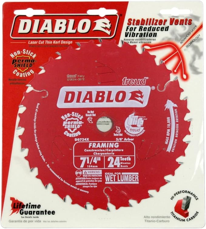 Diablo red circular saw blade with 24 white teeth, stabilizer vents, and Perma-Shield coating for framing applications.