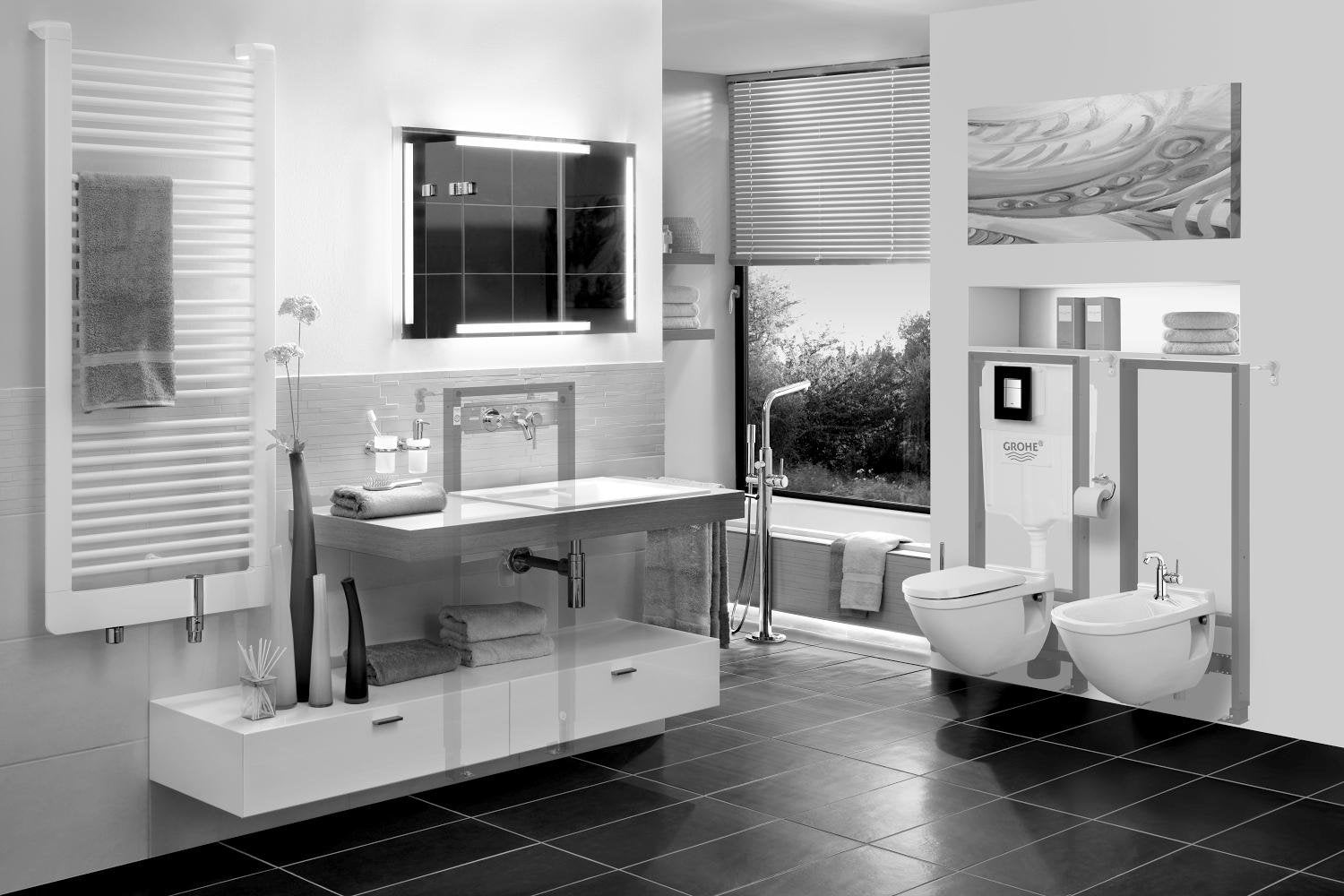 Black rectangular wall plate mounted above bathroom sink in modern vanity setting.