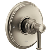 Brushed nickel single-handle valve trim with circular backplate and lever handle for shower or tub control.