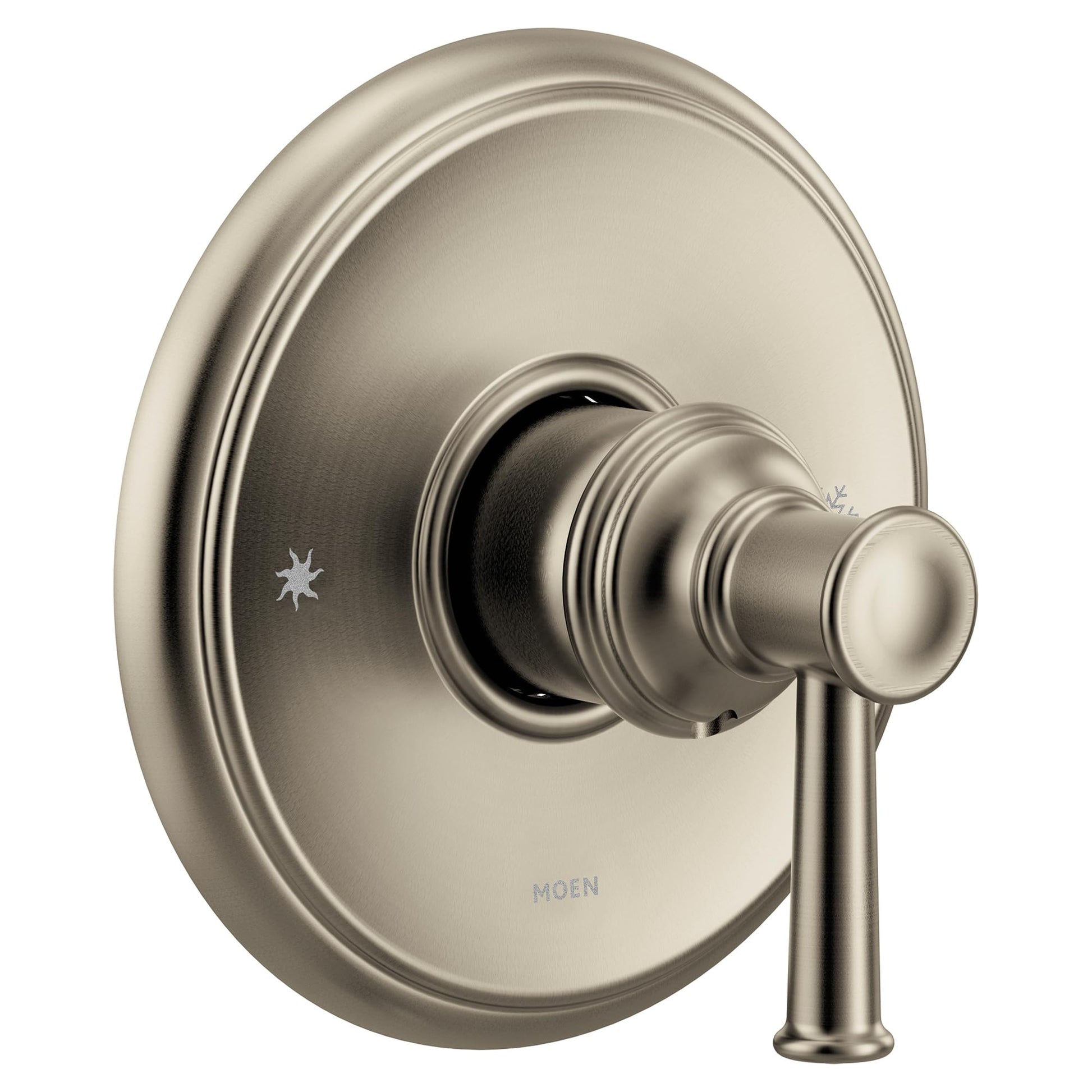 Brushed nickel single-handle valve trim with circular backplate and lever handle for shower or tub control.