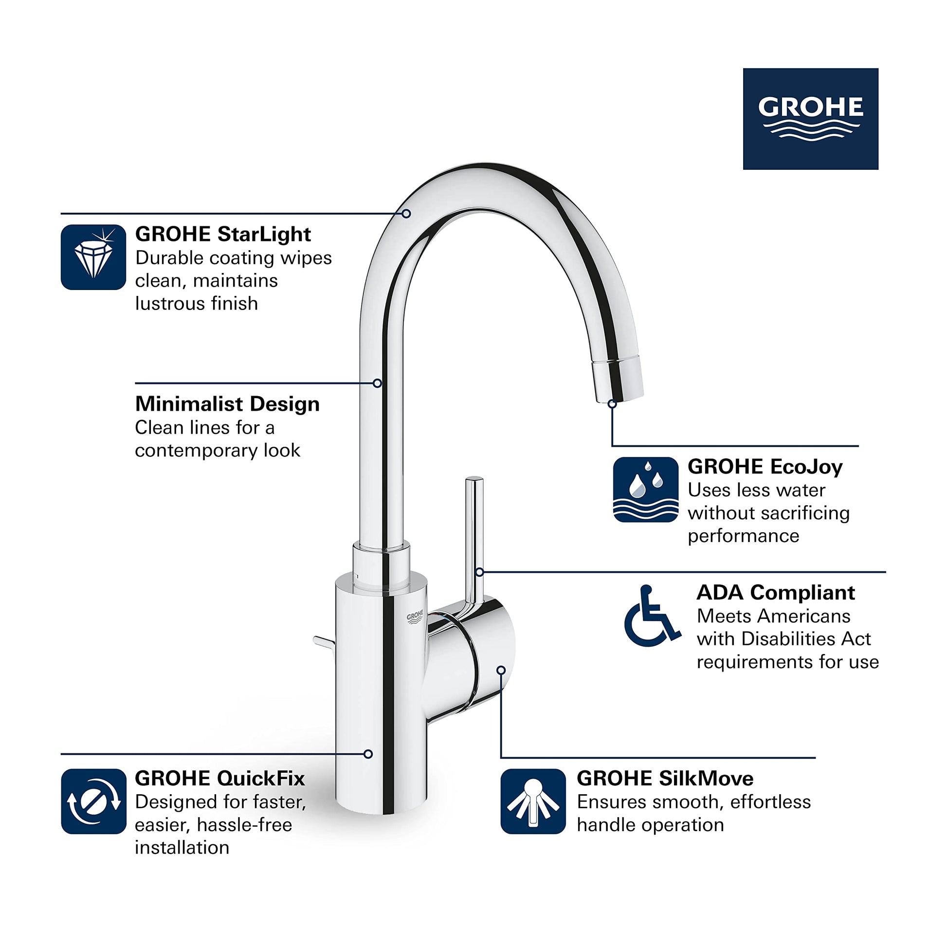 Chrome single-handle bathroom faucet with curved spout and lever control.