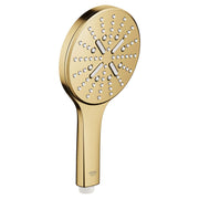 Grohe Rainshower hand shower with circular face featuring spray holes and dual control buttons, brushed gold finish with hand