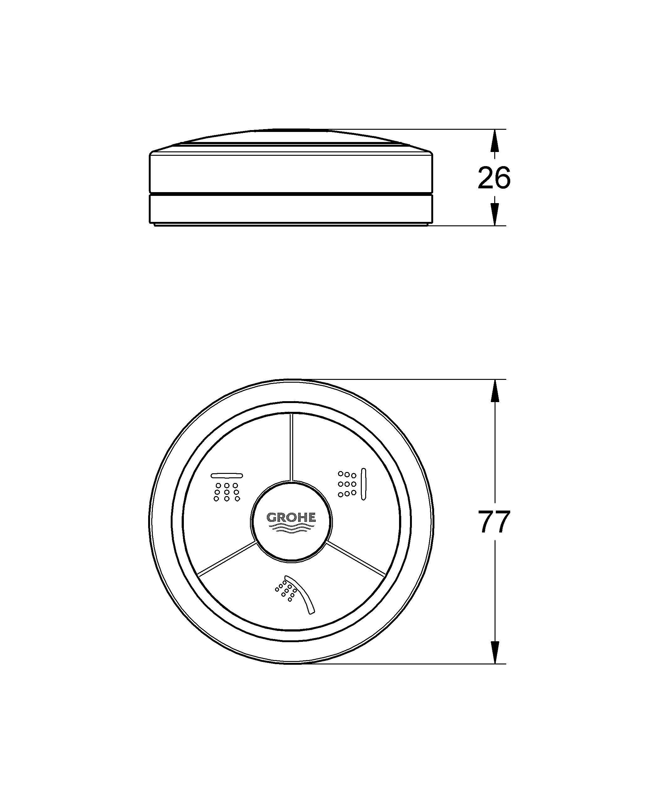 Grohe chrome remote control with three-section button layout and center logo, shown from top and front views with dimensions.