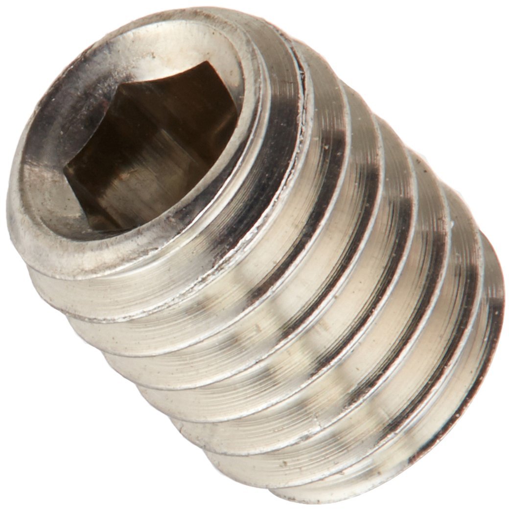 Metal set screw with hexagonal socket head and threaded shaft.