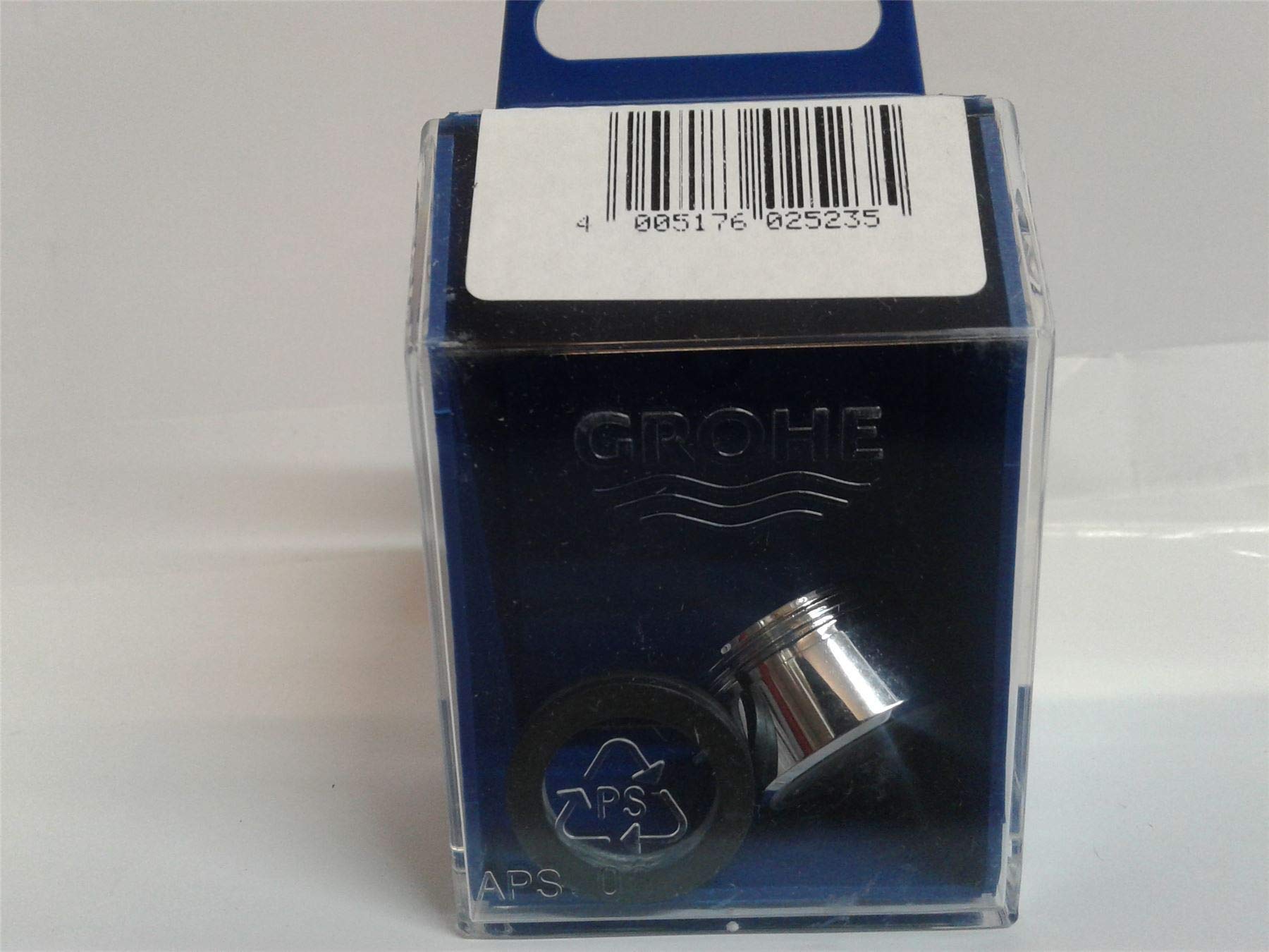 Grohe chrome flow control repair part in blue and clear plastic packaging with barcode label.