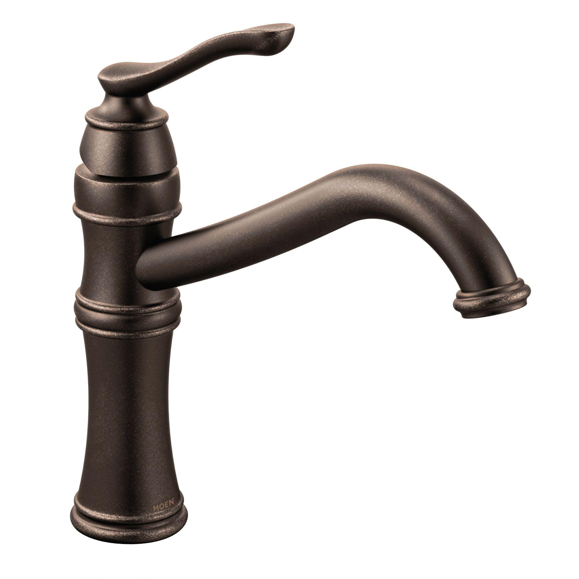 Oil rubbed bronze kitchen faucet with high arc spout and single lever handle in traditional style.