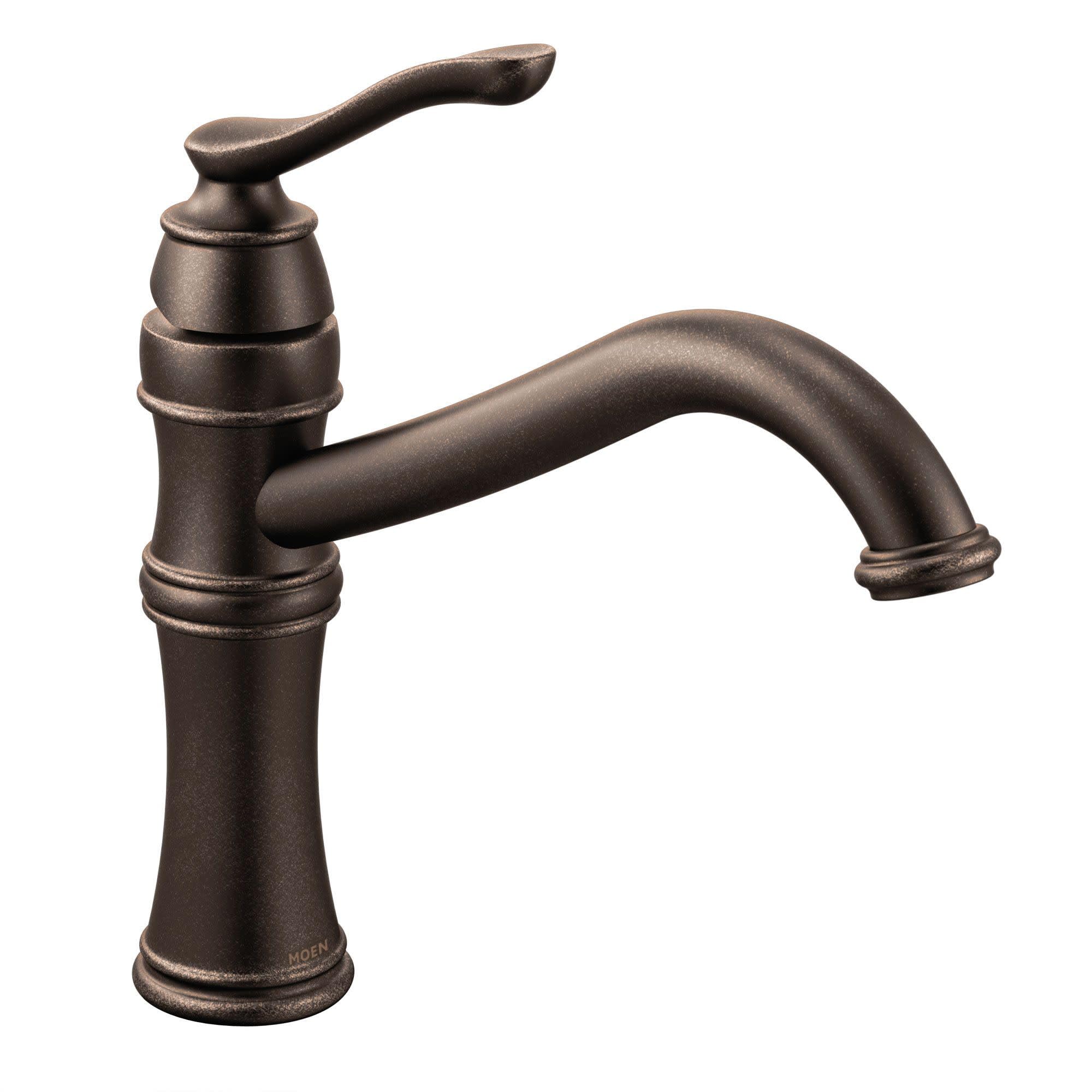 Oil rubbed bronze kitchen faucet with high arc spout and single lever handle in traditional style.