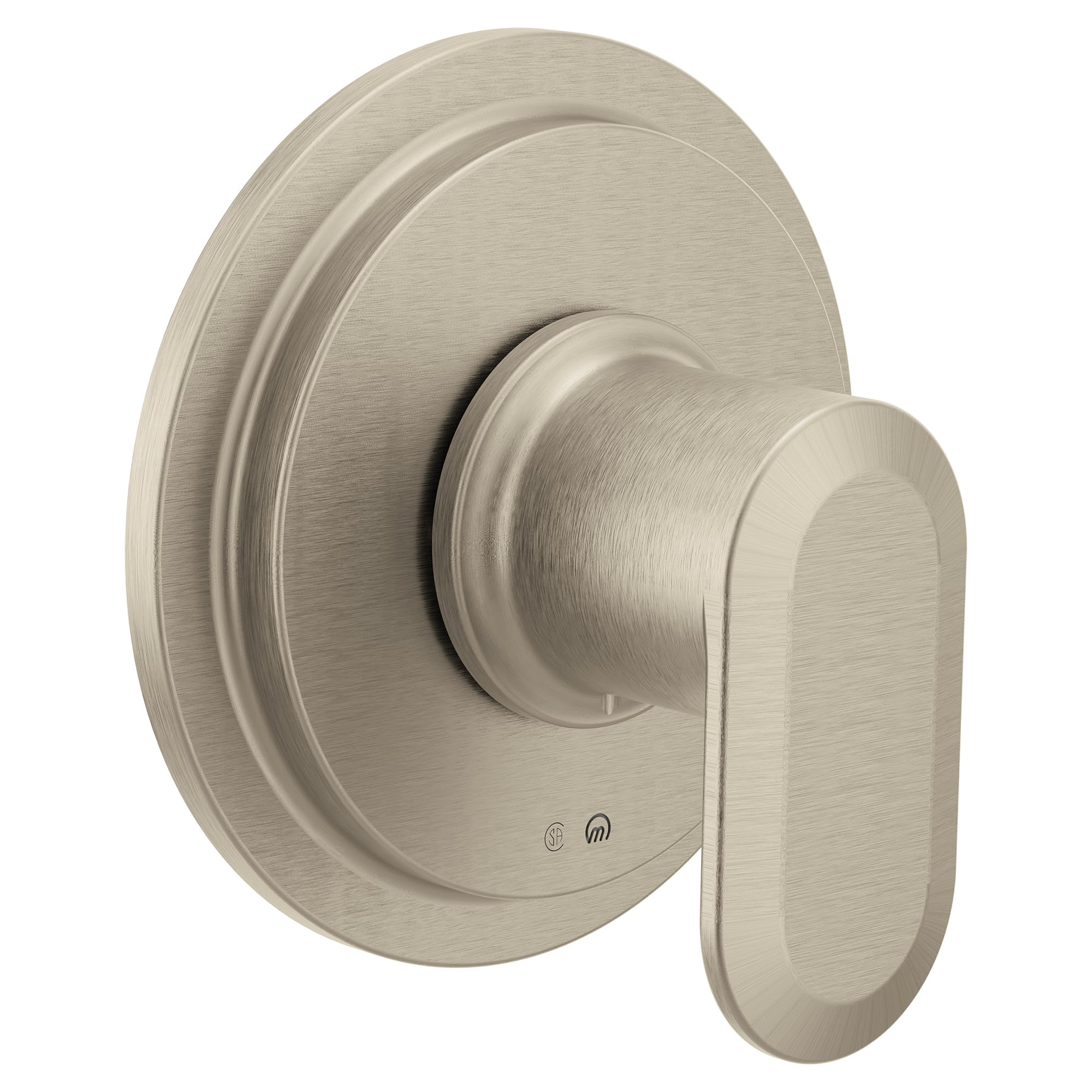 Brushed nickel shower valve trim with rounded lever handle and circular escutcheon plate.