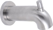 Stainless steel tub spout with pull-up diverter and angled outlet, mounted on round wall flange.