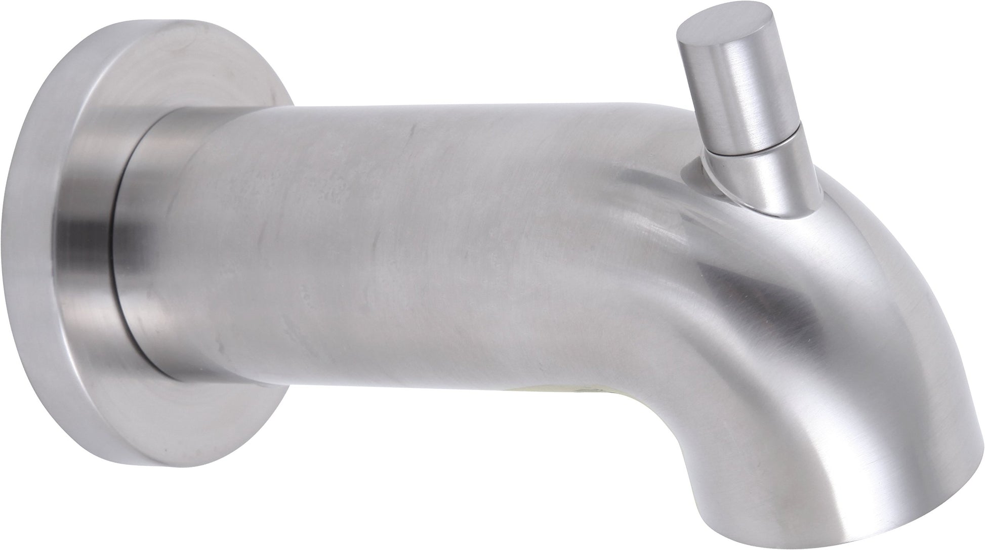 Stainless steel tub spout with pull-up diverter and angled outlet, mounted on round wall flange.
