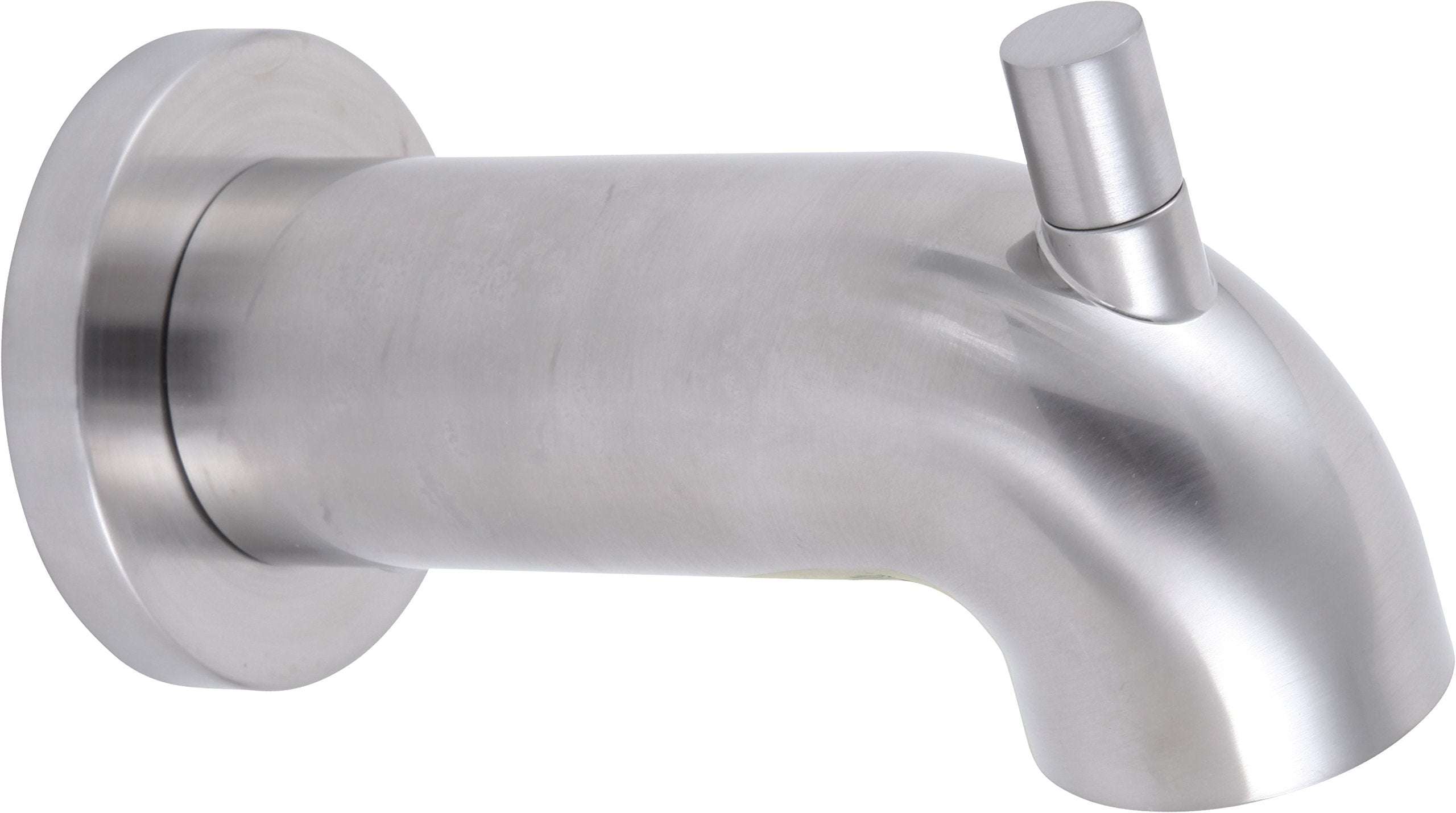Stainless steel tub spout with pull-up diverter and angled outlet, mounted on round wall flange.