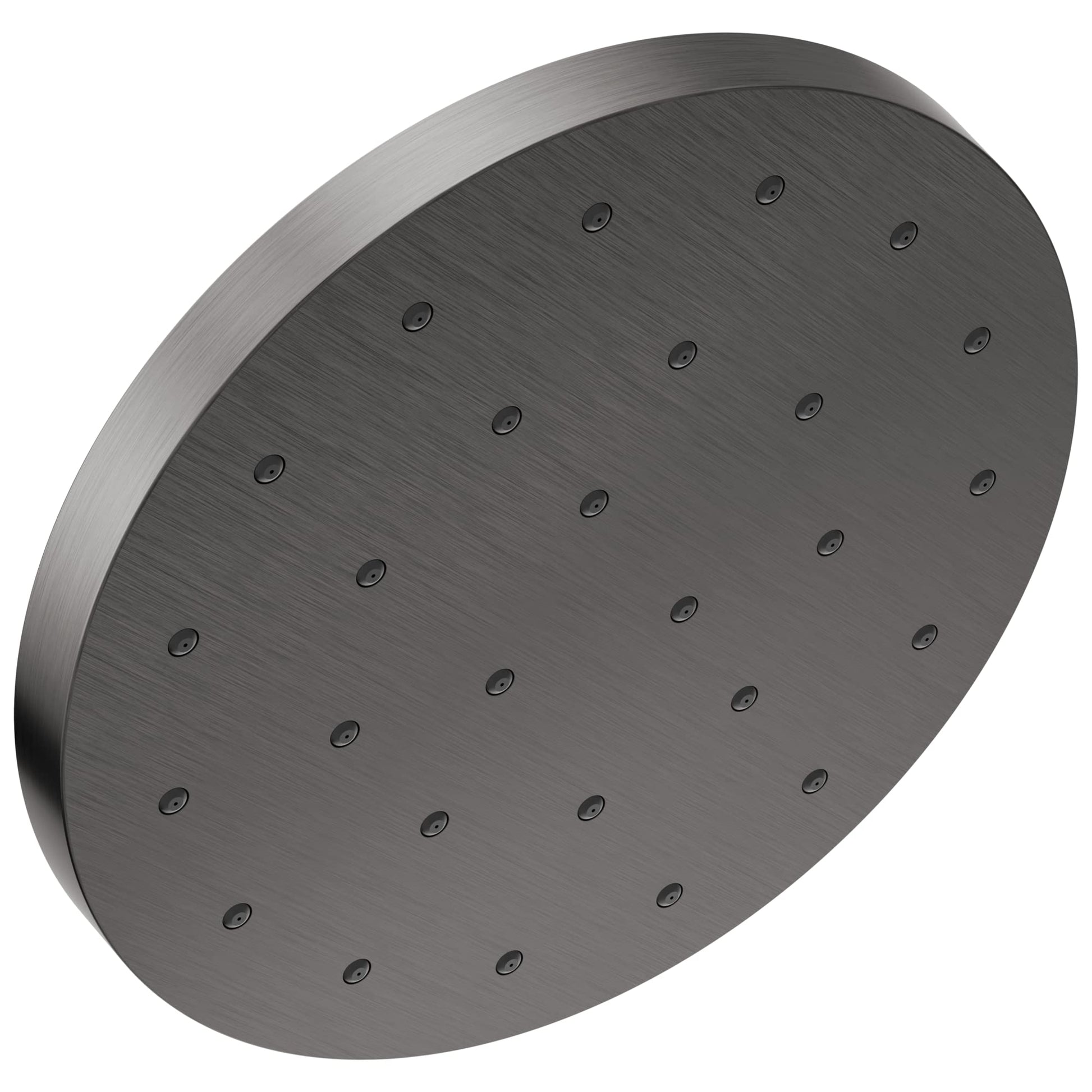 Brushed metal circular shower head with multiple evenly-spaced spray nozzles on flat face.