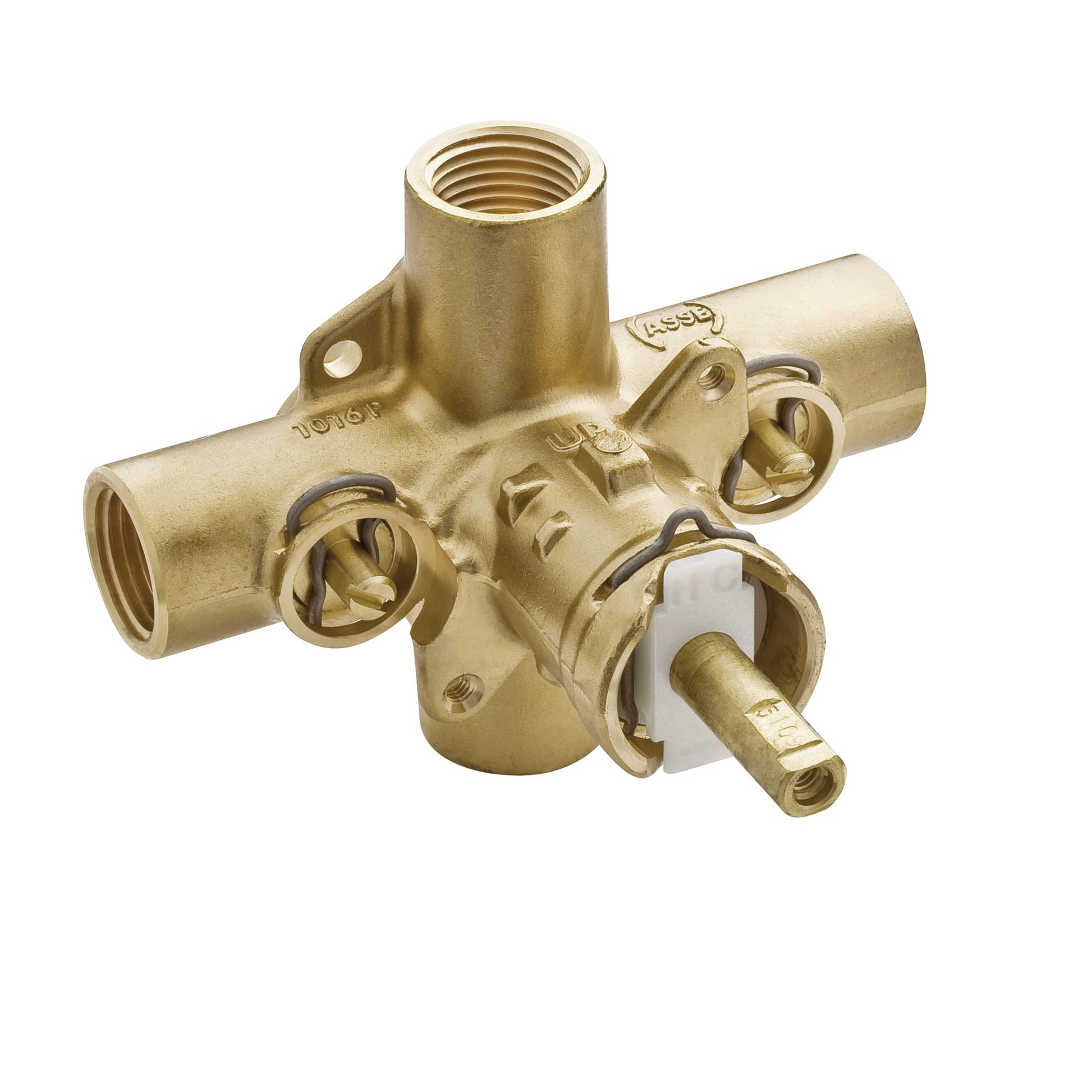 Brass rough-in valve with three threaded outlets, dual shut-off stops, and mounting holes.