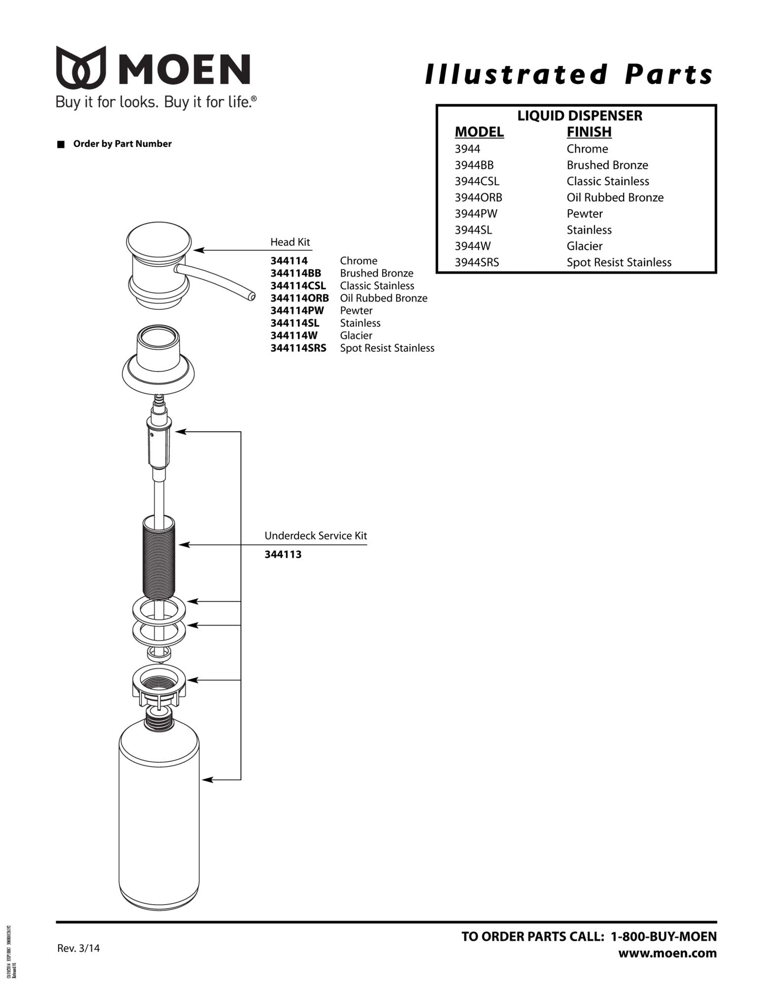 Moen stainless steel countertop soap and lotion dispenser with pump head and cylindrical reservoir bottle shown in exploded d