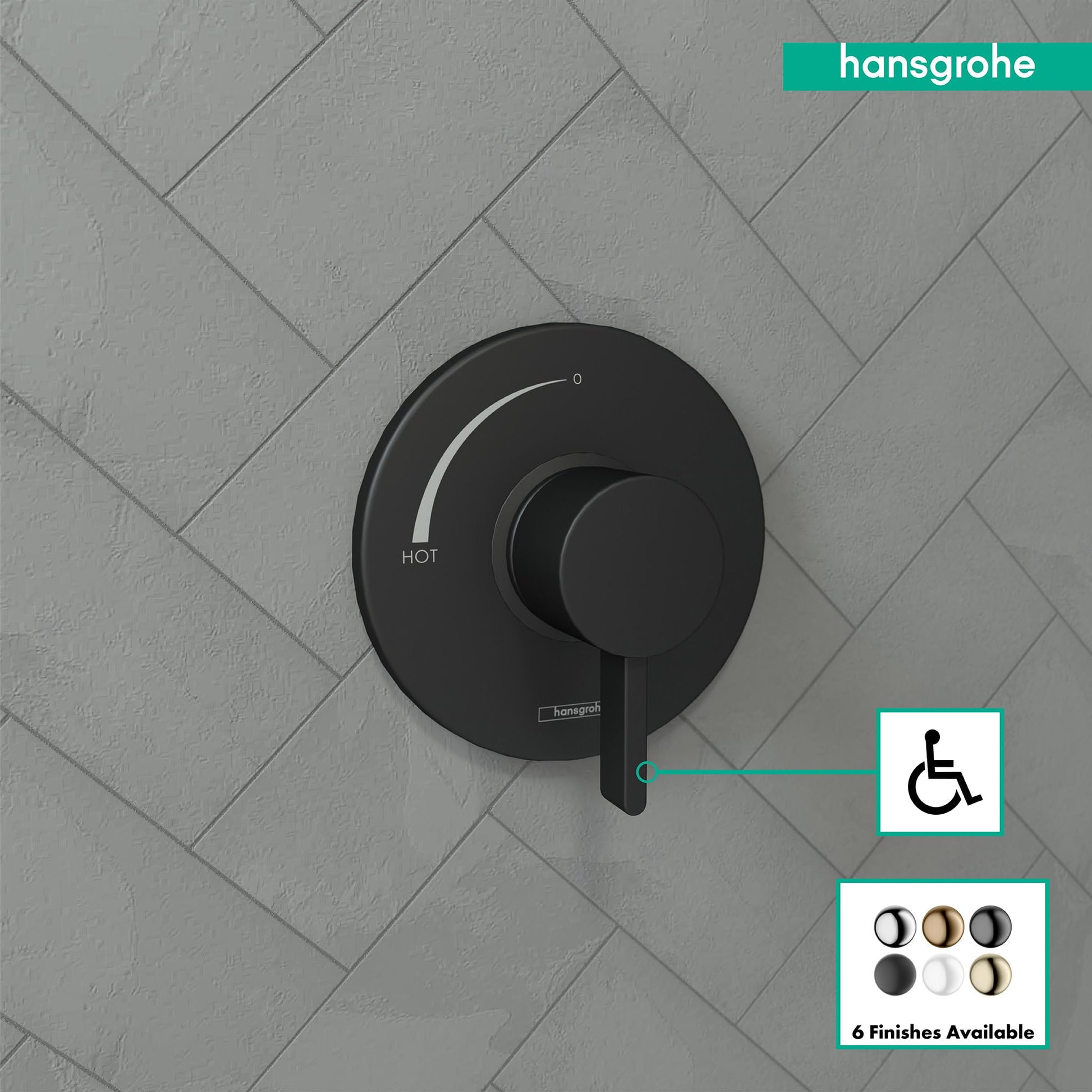 Matte black round pressure balance shower valve trim with single lever handle mounted on herringbone tile wall.
