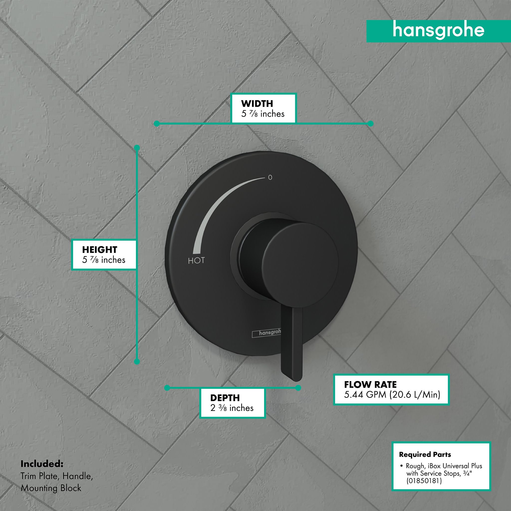 Matte black round pressure balance shower trim with single lever handle and "hot" indicator on tile background with dimension