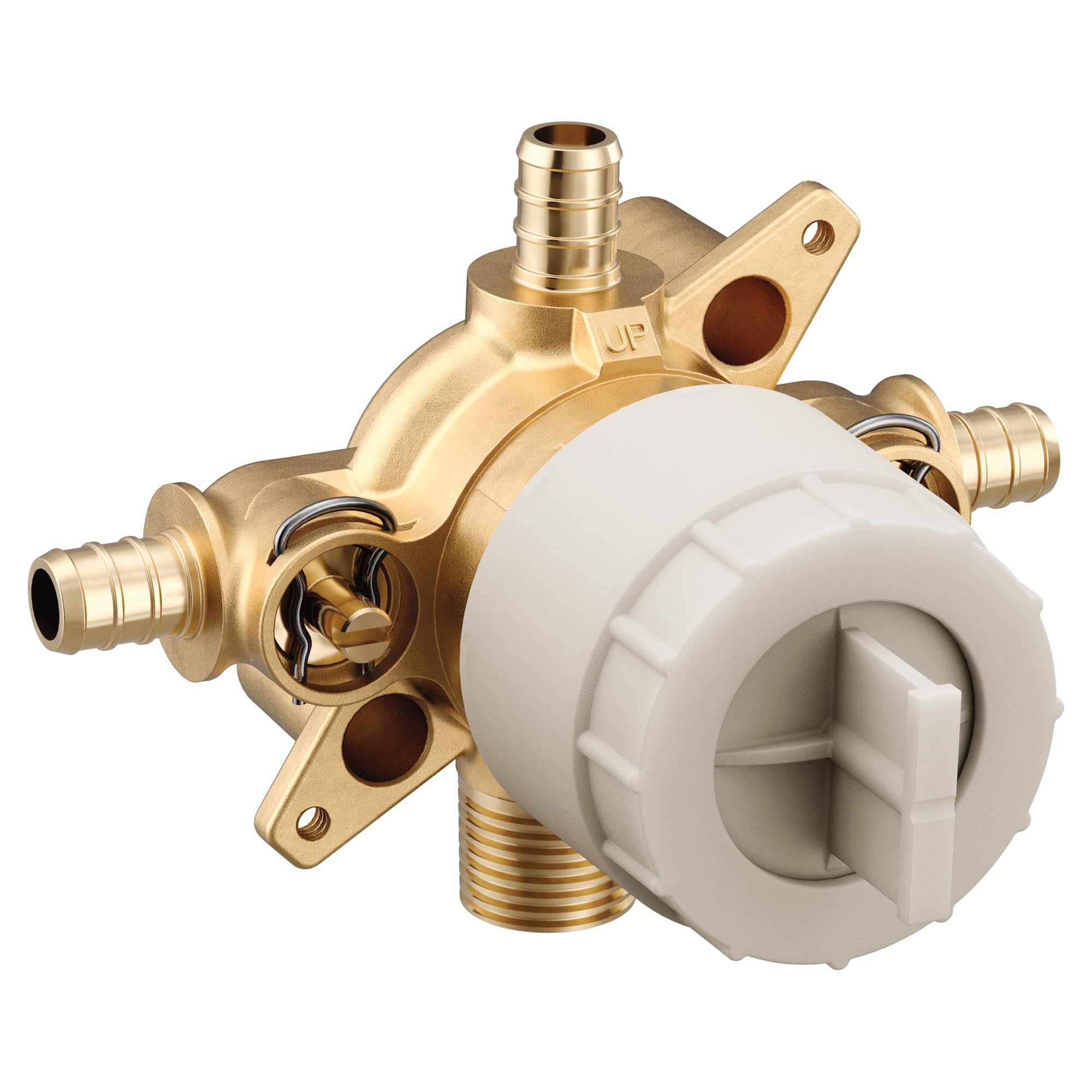 Brass mixing valve with white cartridge, four PEX crimp ring connections, and integral stops for tub and shower installation.
