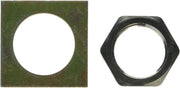 Square brass washer and hexagonal black metal nut for bathroom faucet spout installation.