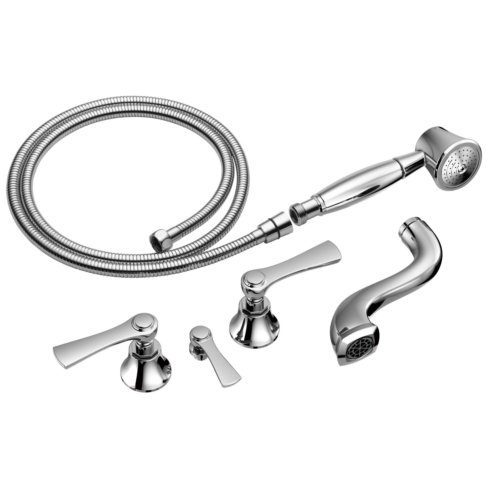 Chrome two-handle tub filler trim kit with lever handles, flexible hose, and handheld showerhead.