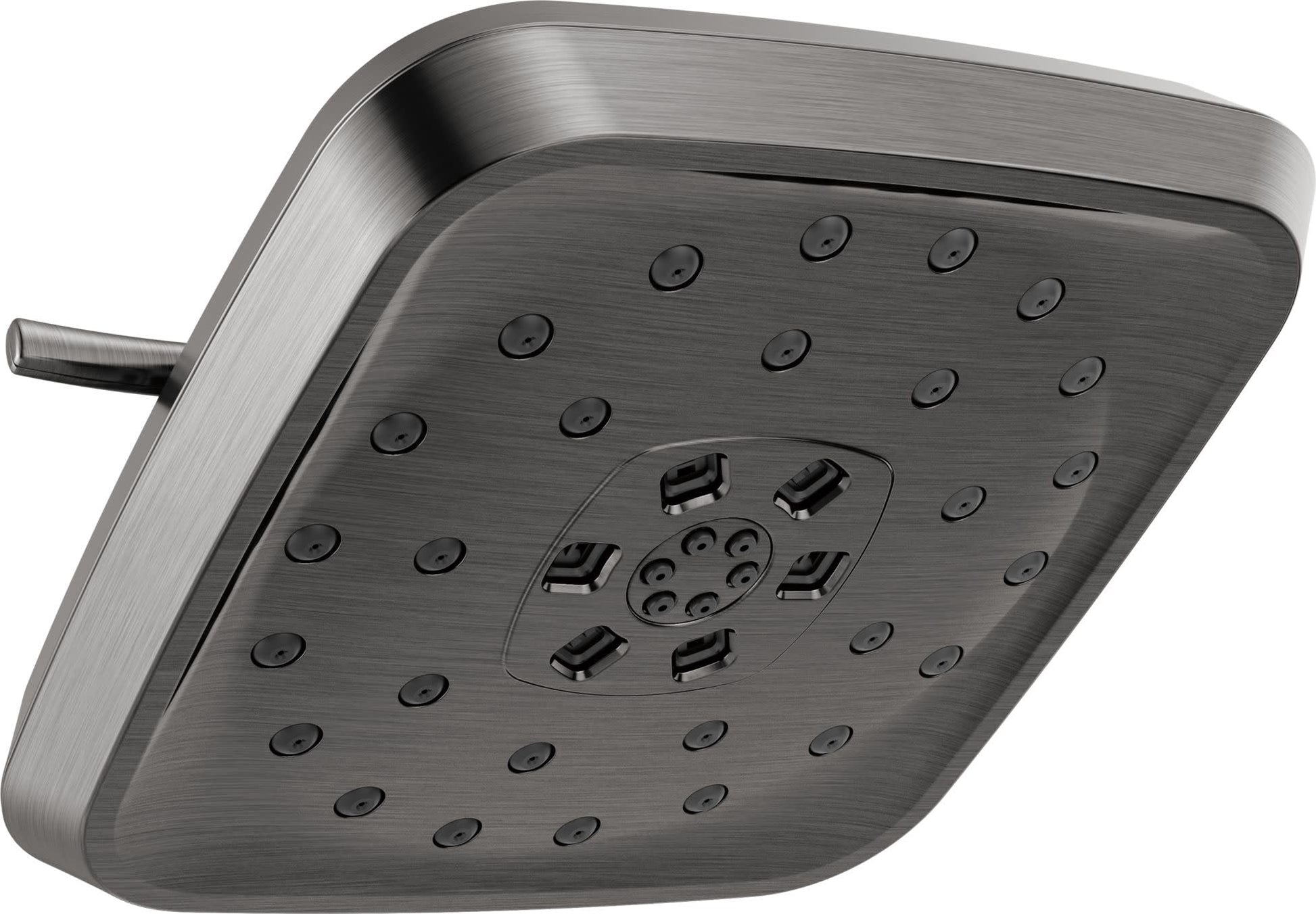 Square brushed metal shower head with multiple spray jets and center dial controls mounted on angled arm.