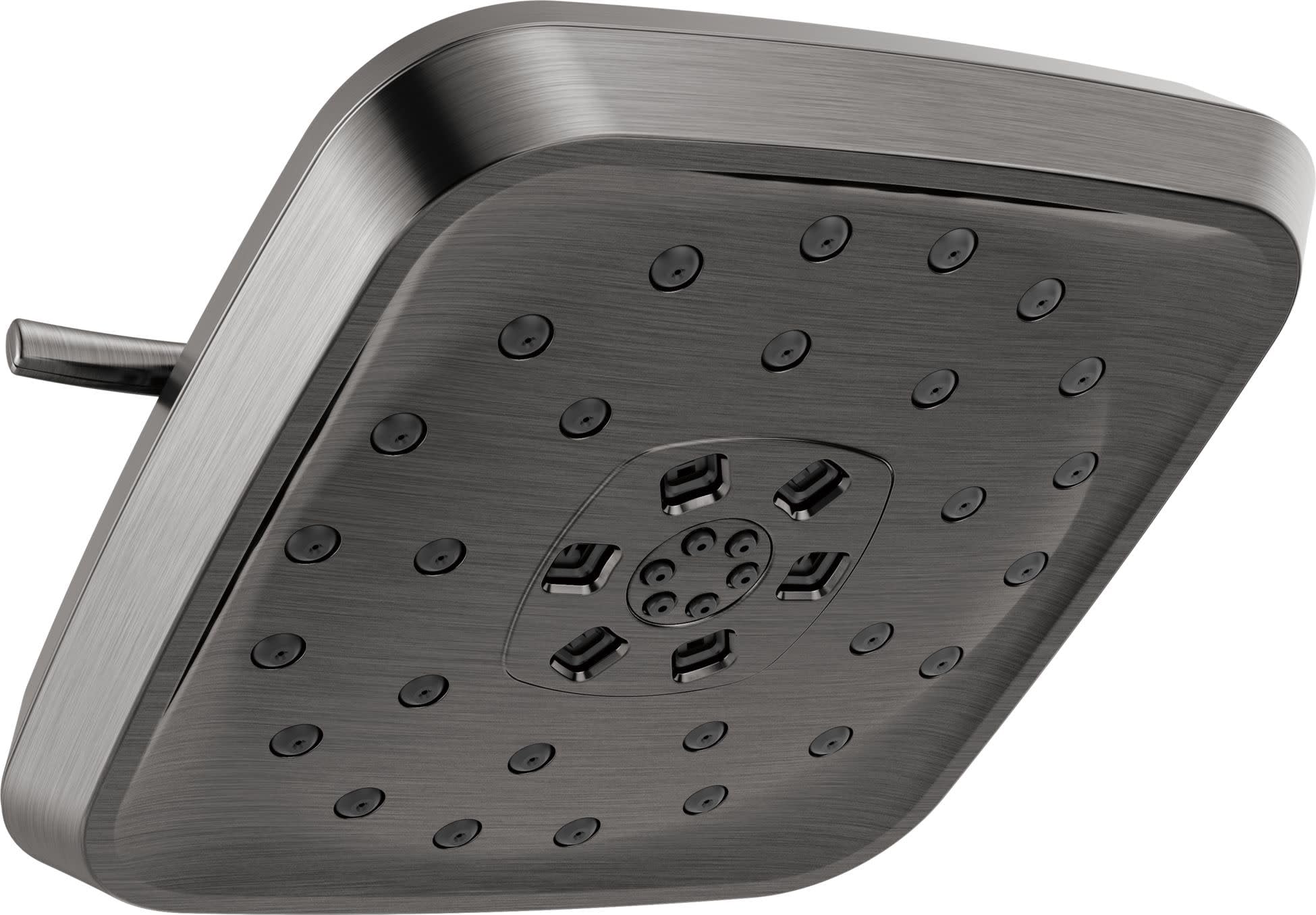 Square brushed metal shower head with multiple spray jets and center dial controls mounted on angled arm.