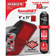 Five red 9" x 11" 320-grit SandNET reusable sanding sheets with mesh anti-clogging design in Diablo packaging.