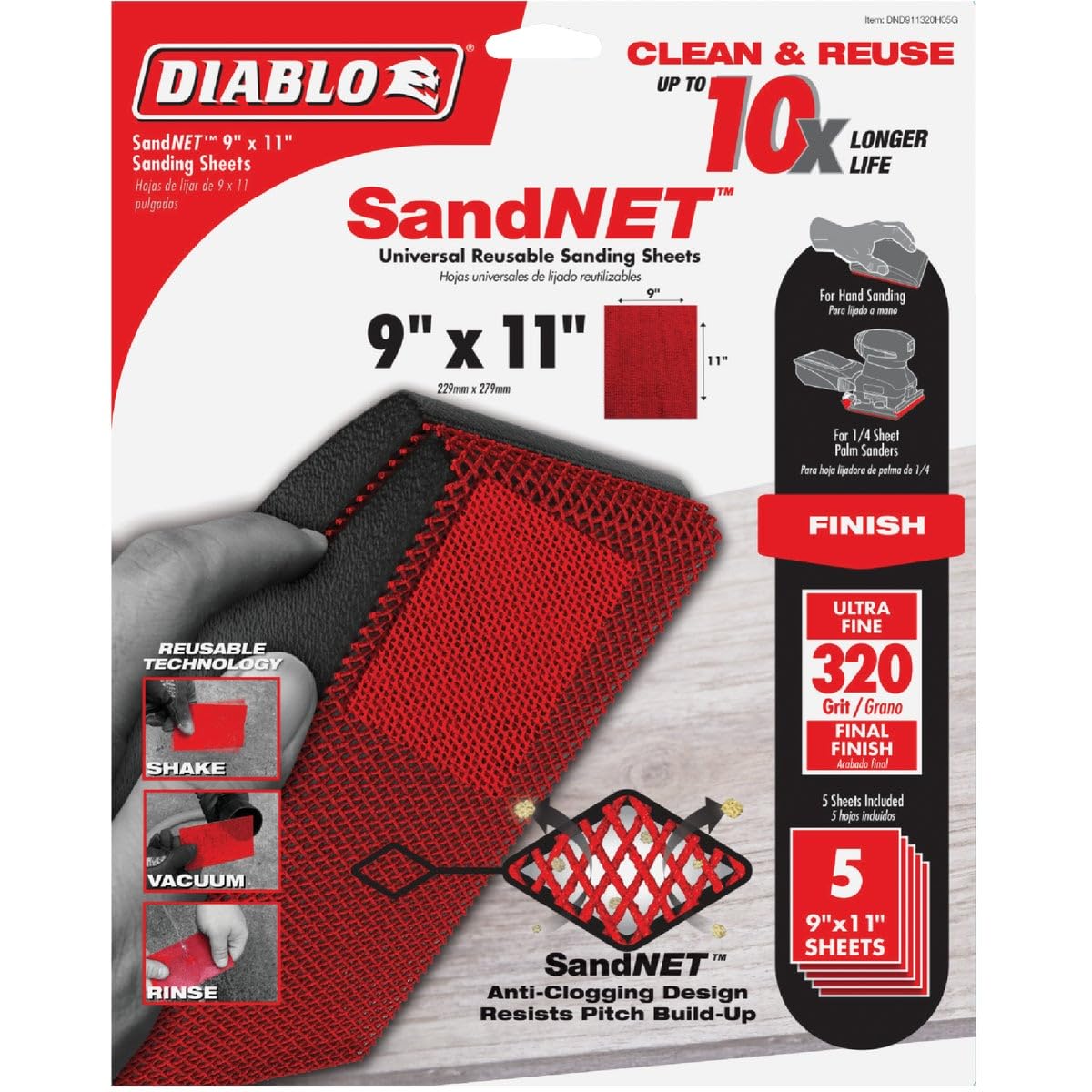Five red 9" x 11" 320-grit SandNET reusable sanding sheets with mesh anti-clogging design in Diablo packaging.