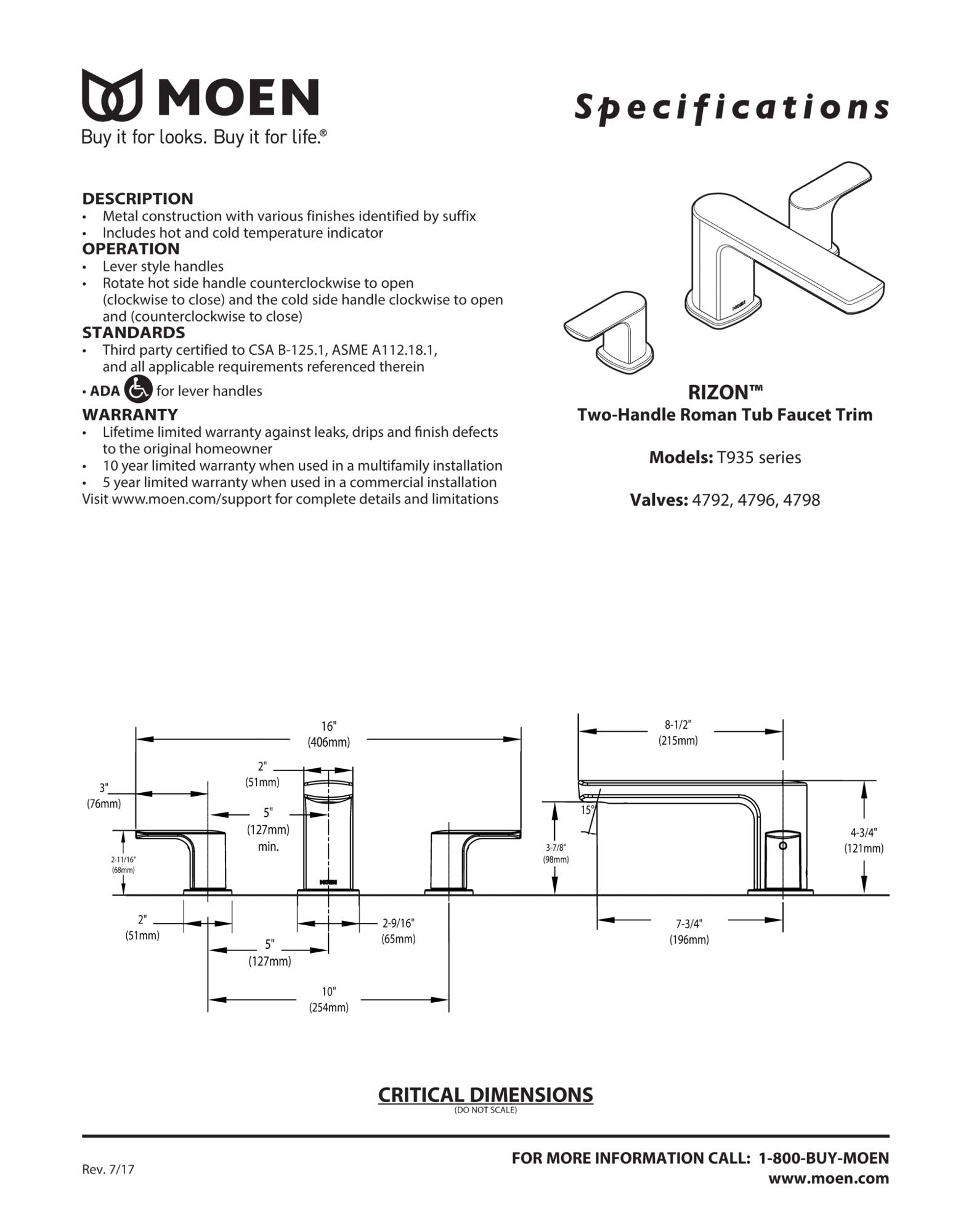 Moen Rizon matte black two-handle deck mount roman tub faucet trim with lever handles and temperature indicator.