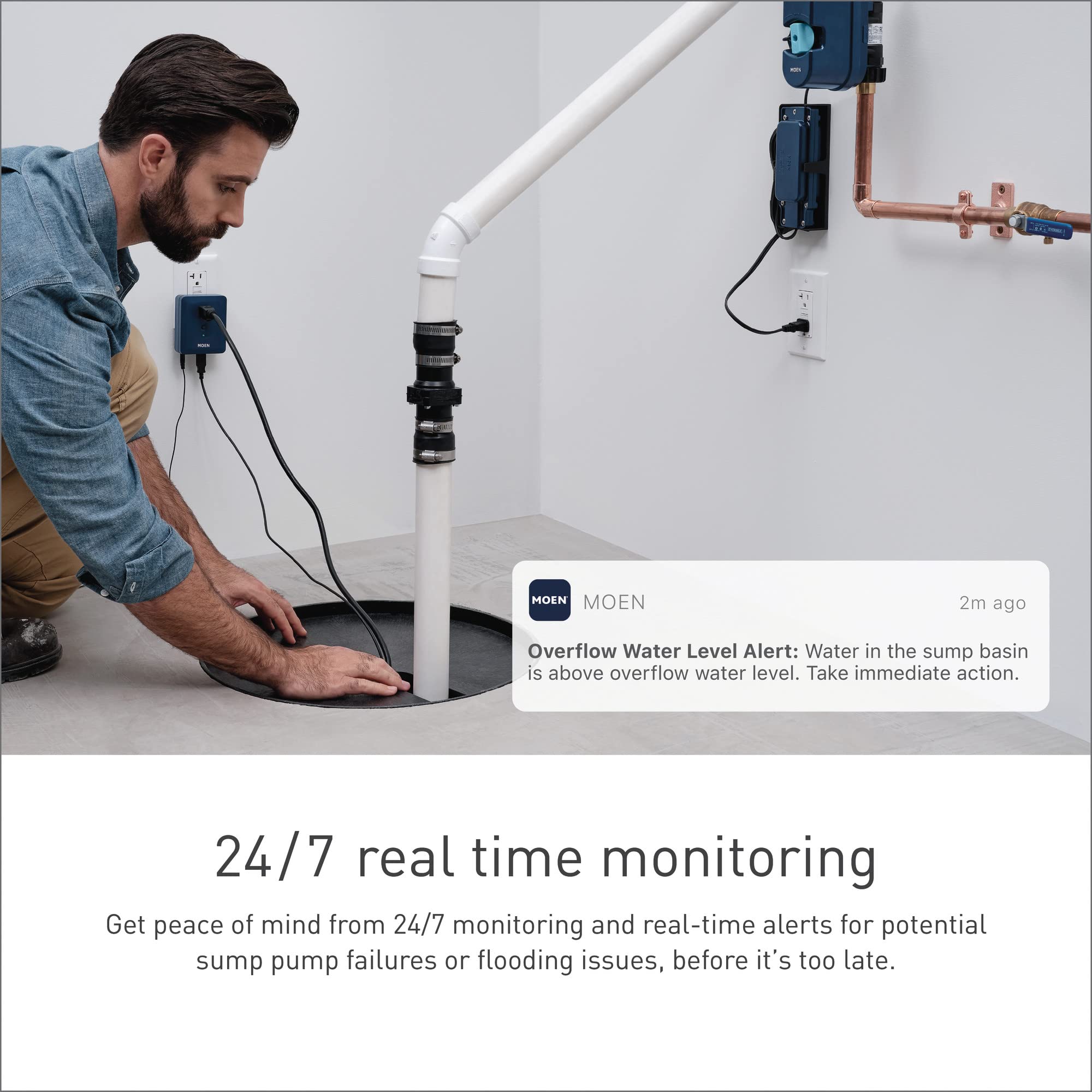 Smart sump pump monitor sensor mounted on white PVC pipe with wireless alert notification displayed on phone screen.