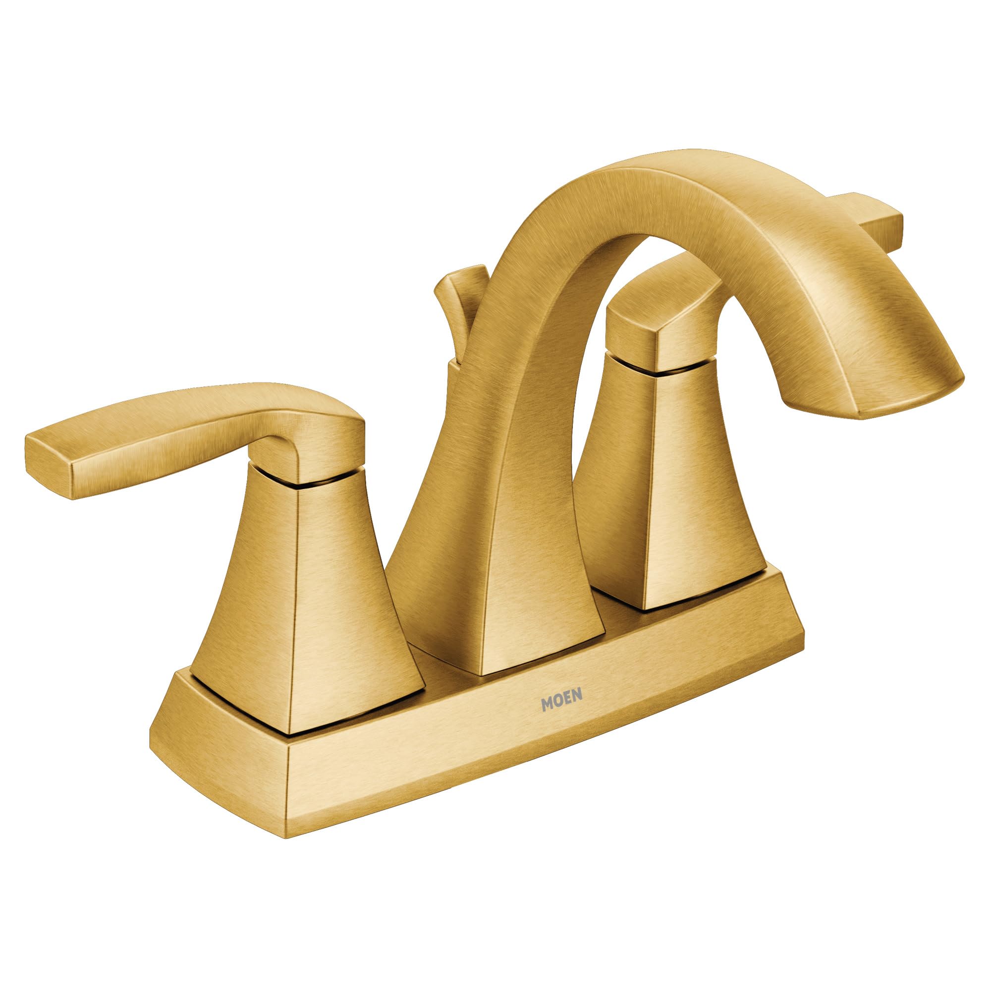 Brushed gold bathroom faucet with two lever handles and high curved spout on rectangular base.