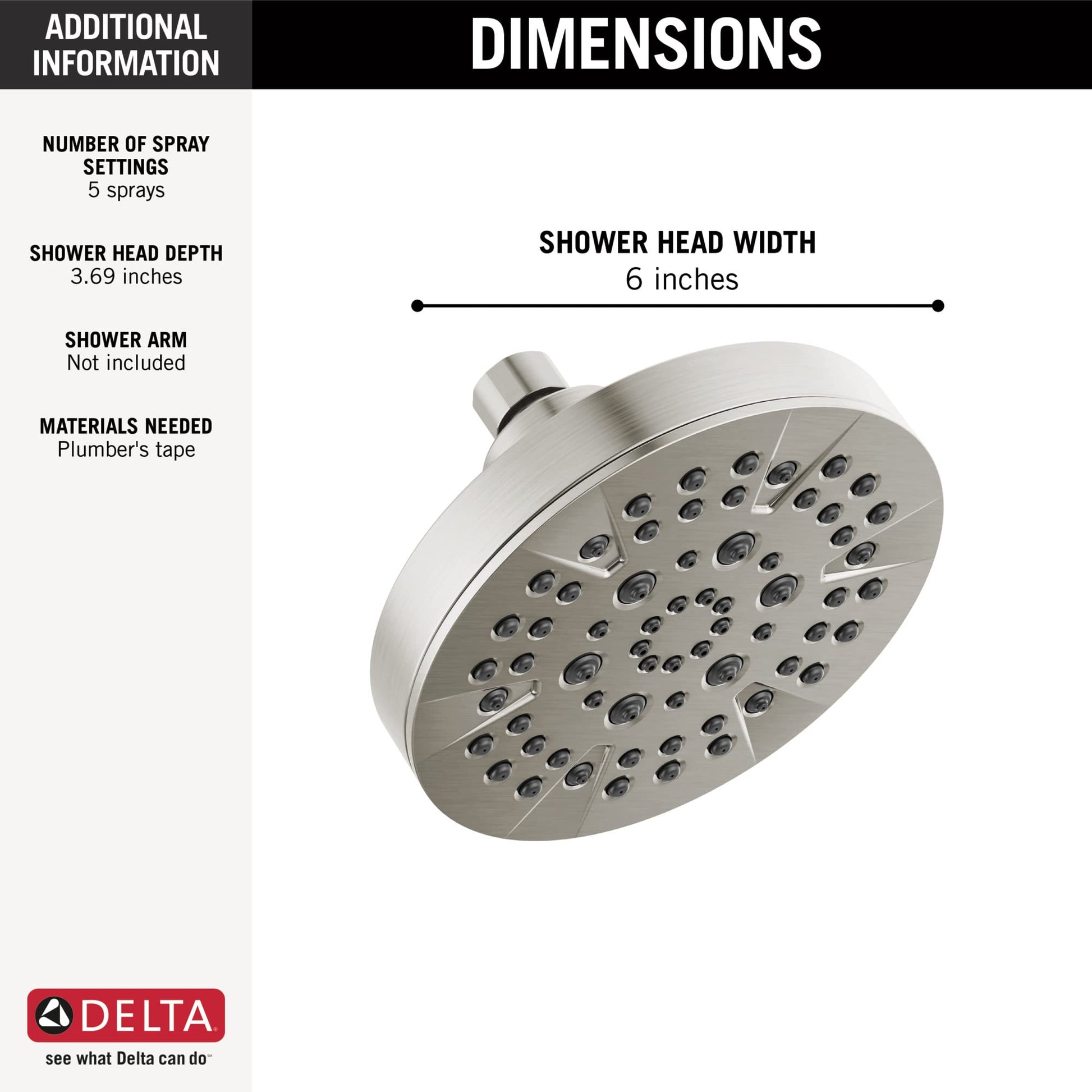 Chrome shower head with 5 spray settings, 6-inch width and multiple jets arranged across face.