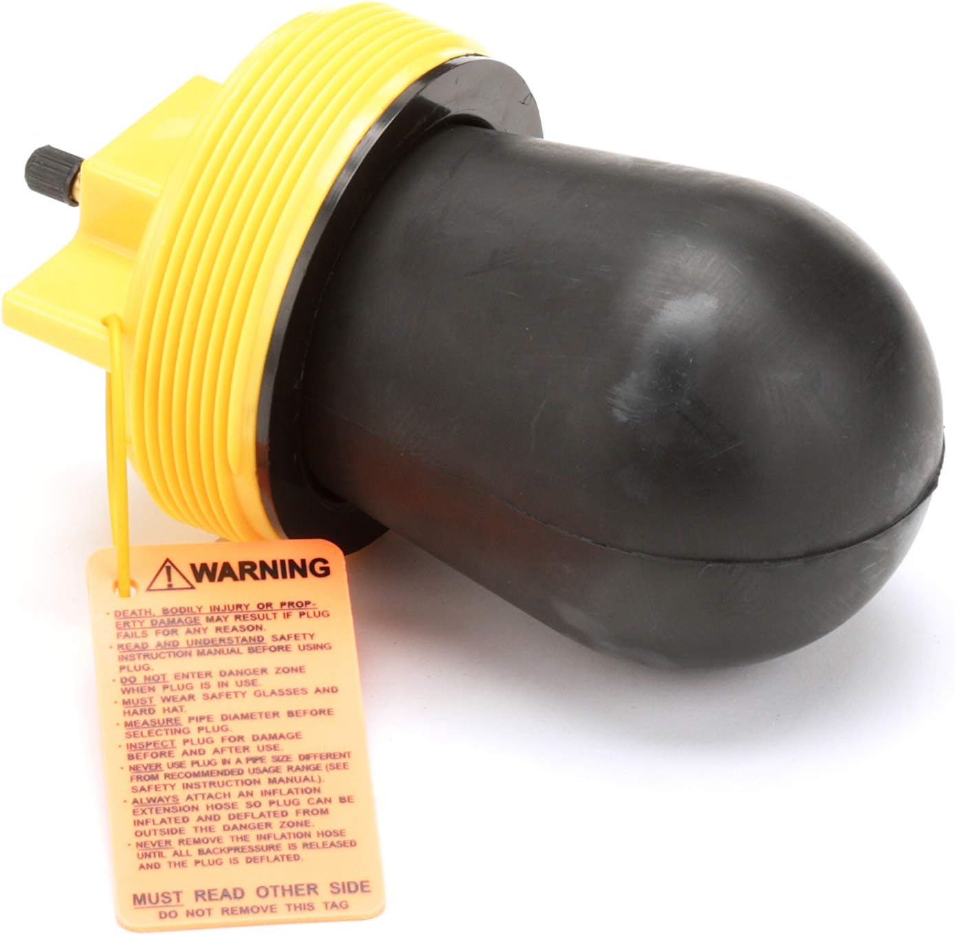 Black pneumatic plug with yellow ribbed collar and attached warning tag.