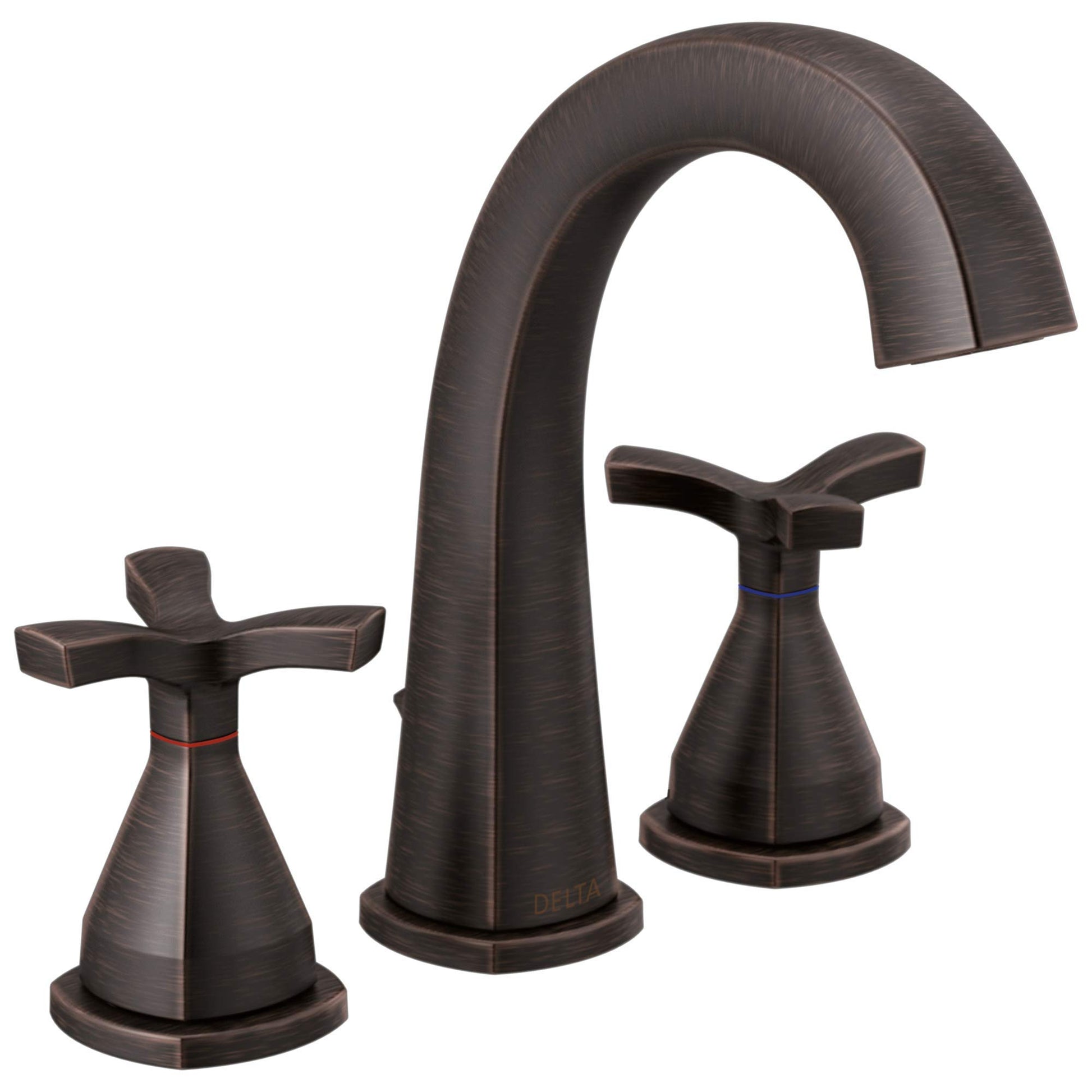 Bronze widespread bathroom faucet with arched spout and cross handles on round bases.
