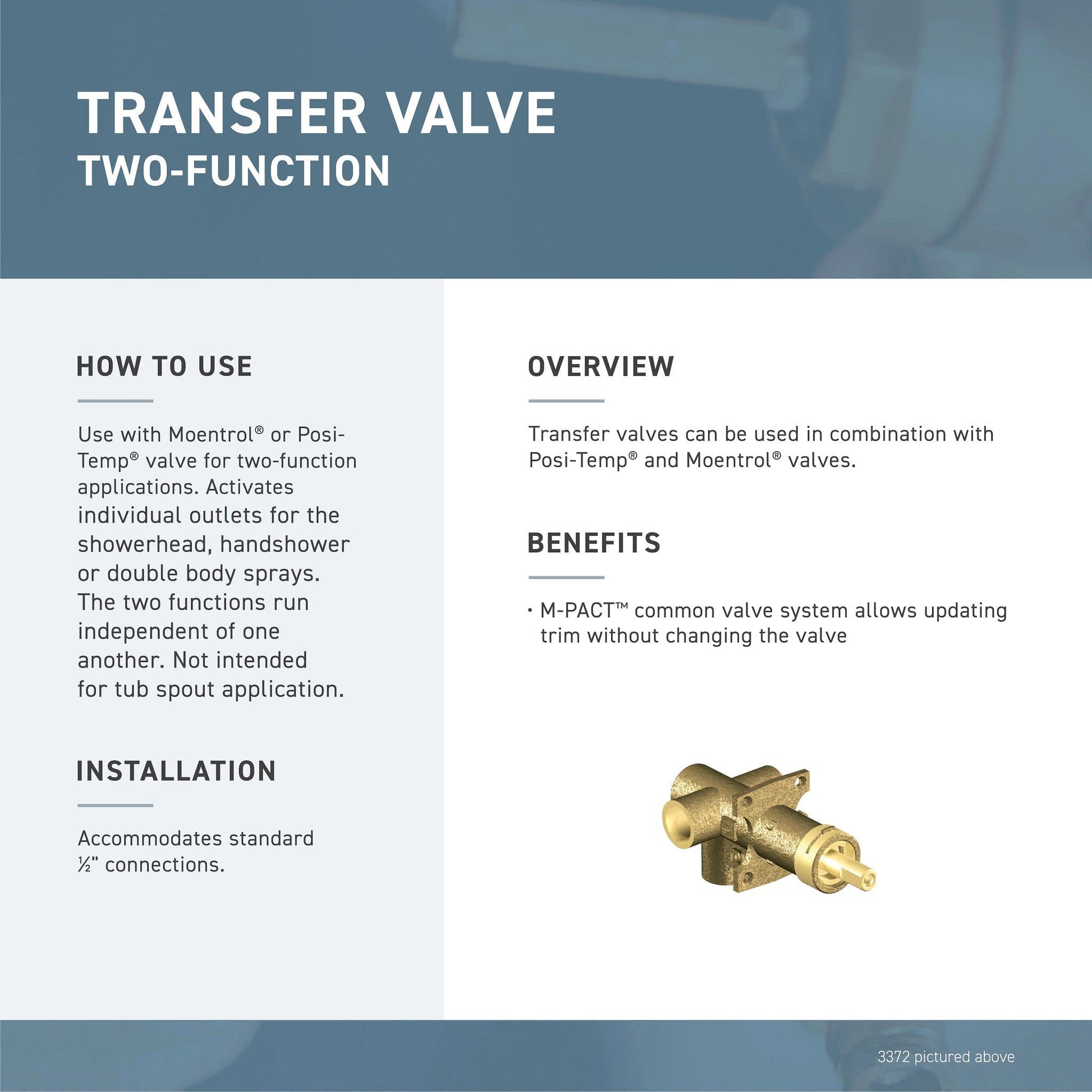 Brass two-function transfer valve with dual outlet ports for shower diverter applications.