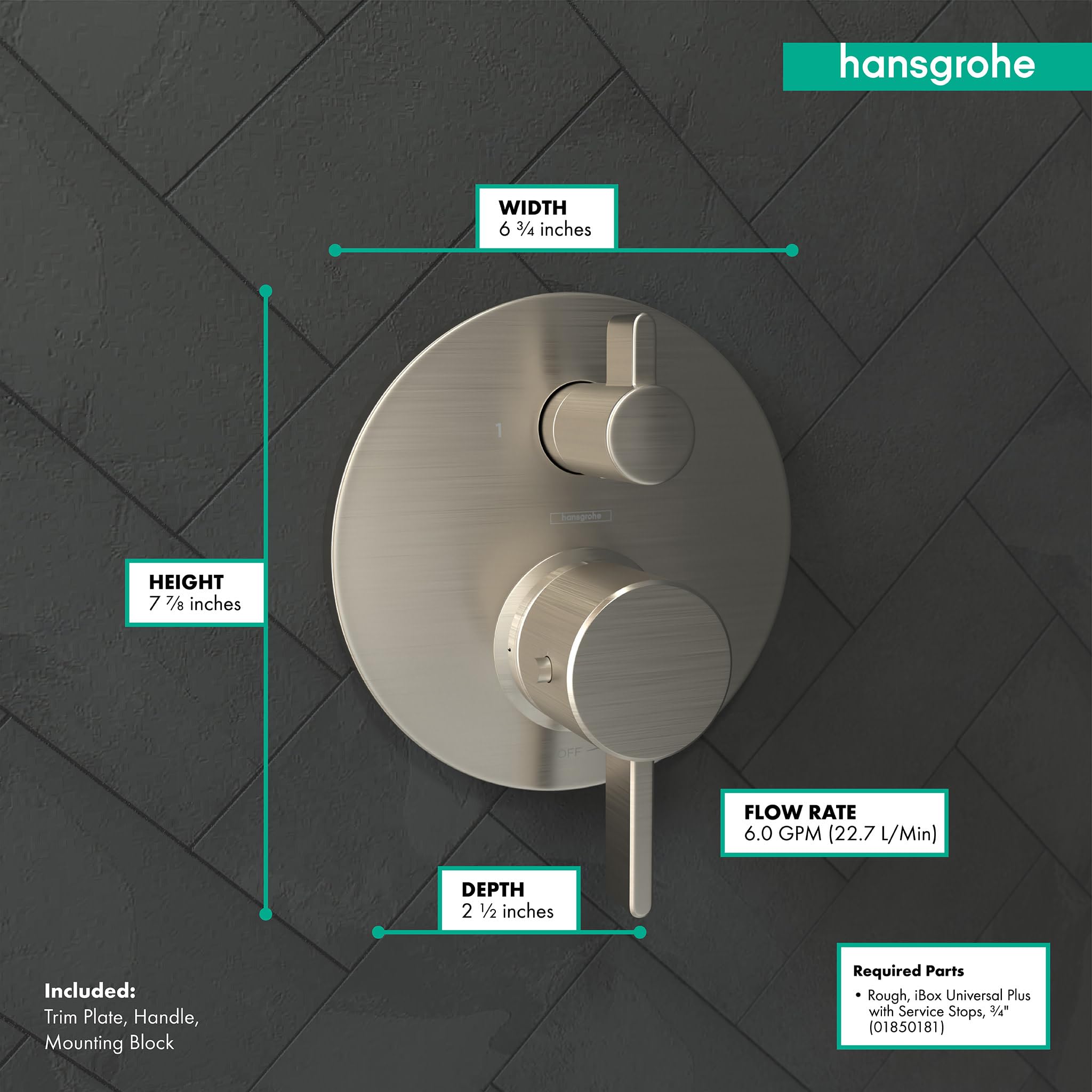 Brushed nickel thermostatic shower trim with round plate, upper lever, and lower circular control knob mounted on dark tile.