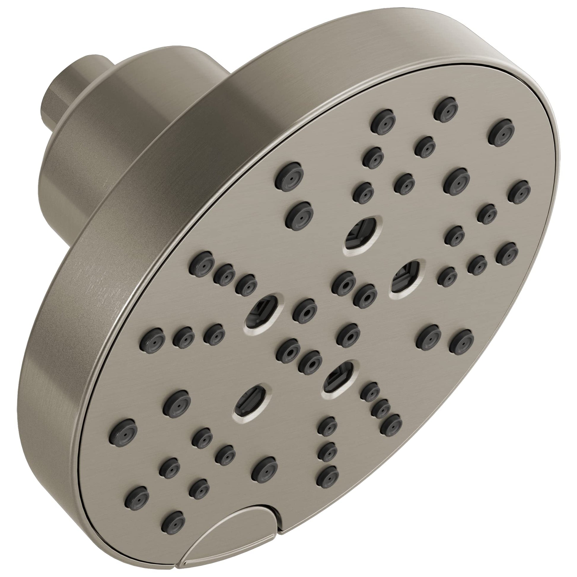 Brushed nickel raincan shower head with multiple spray jets and wall-mounted arm connection.