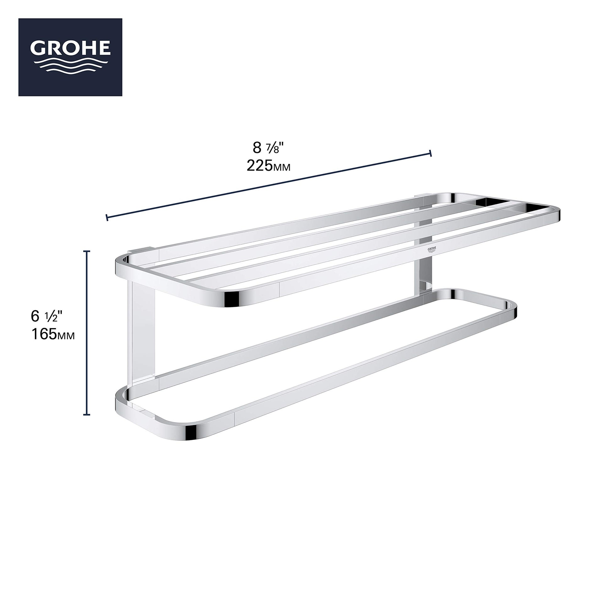 Two-tier chrome towel rack with horizontal bars and dark accents, measuring 8.75" wide by 6.5" tall.