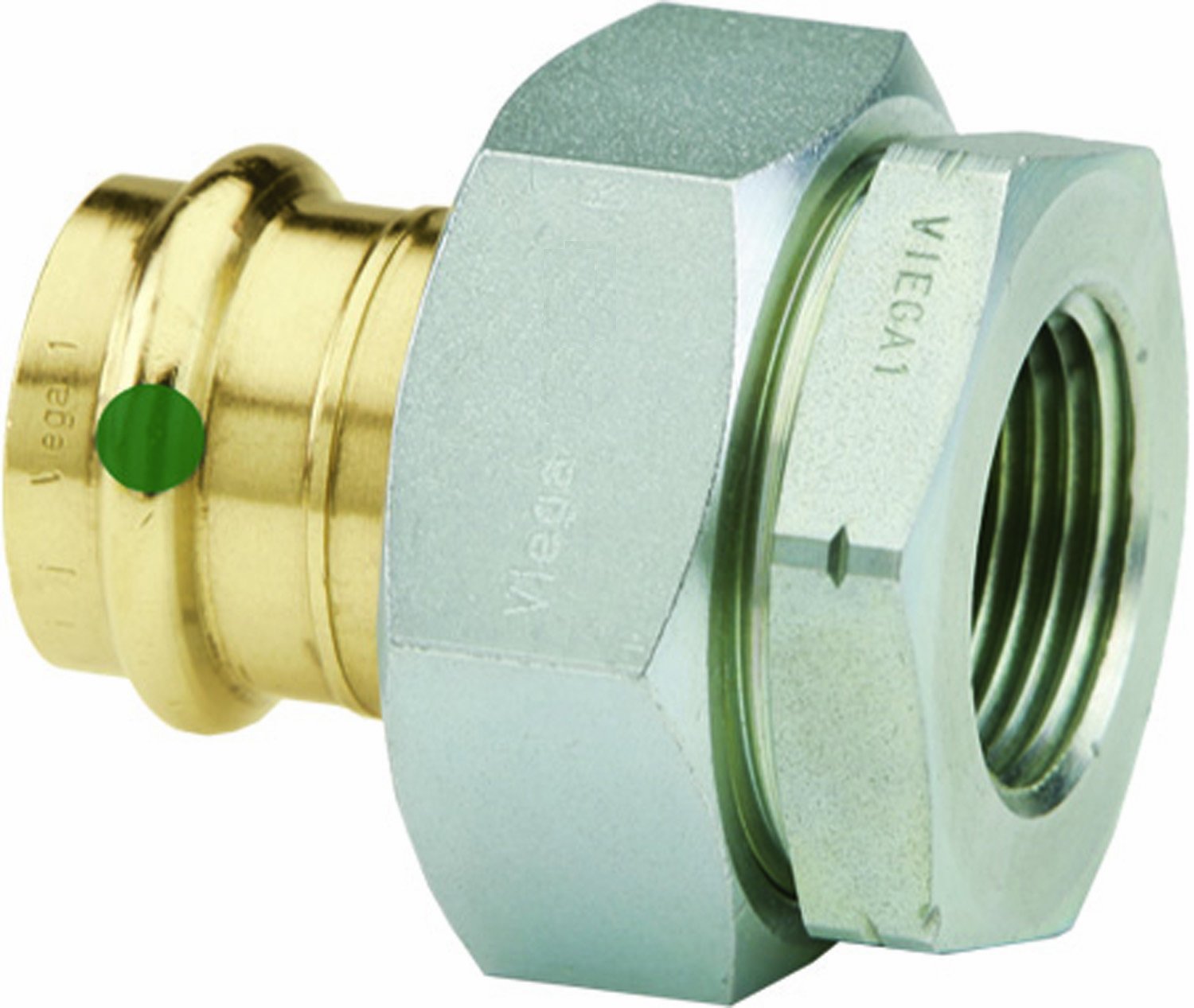 Bronze press fitting with female threaded connection on right side and green indicator dot on left side.