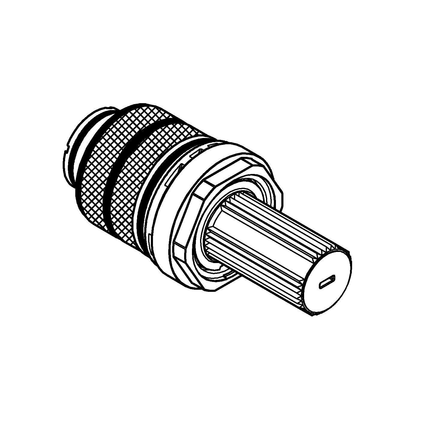 Grohe 3/4" reversed turbostat cartridge with chrome finish and ribbed stem, shown in technical line drawing.