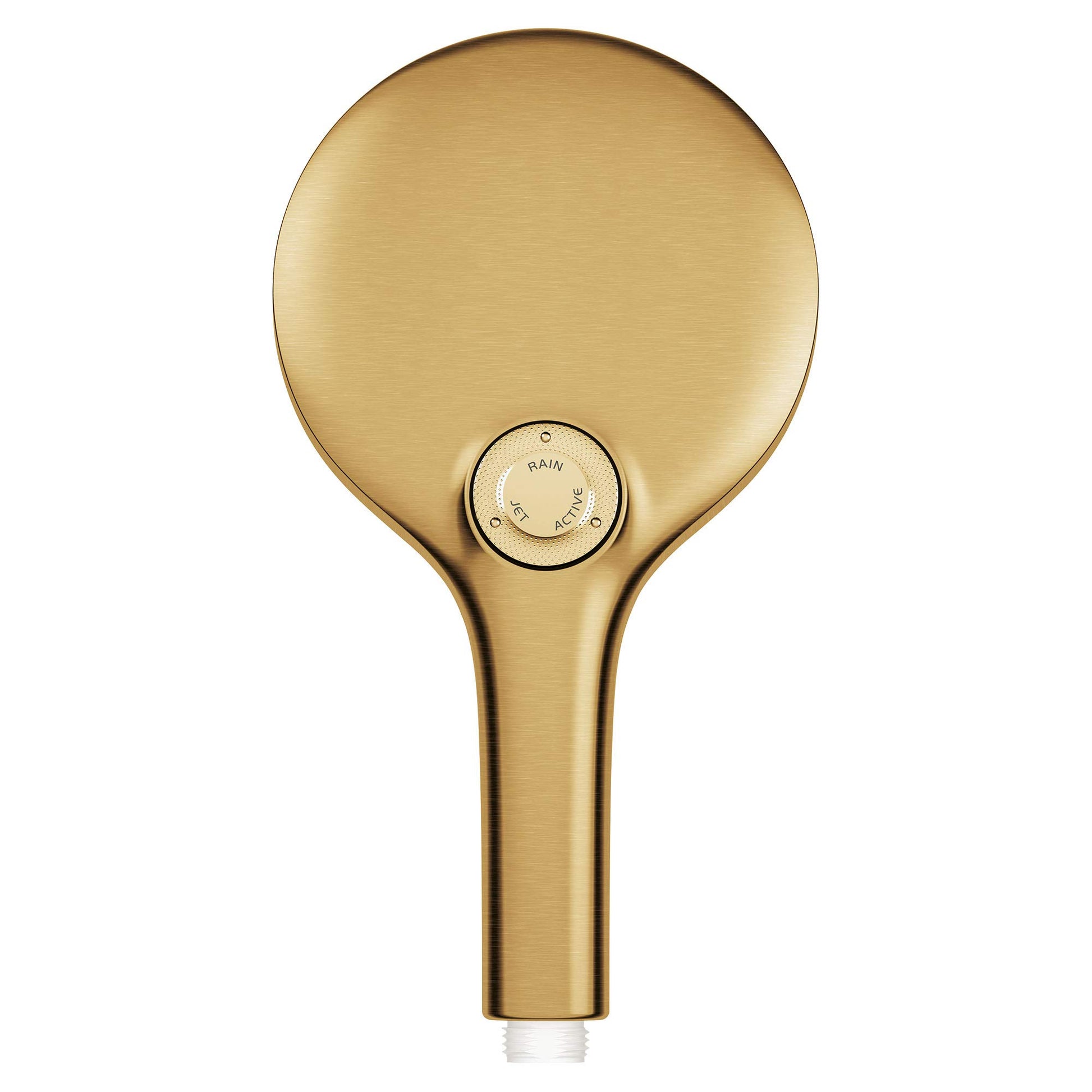 Brushed gold hand shower with round head, rotary selector dial, and tapered handle with threaded connection.