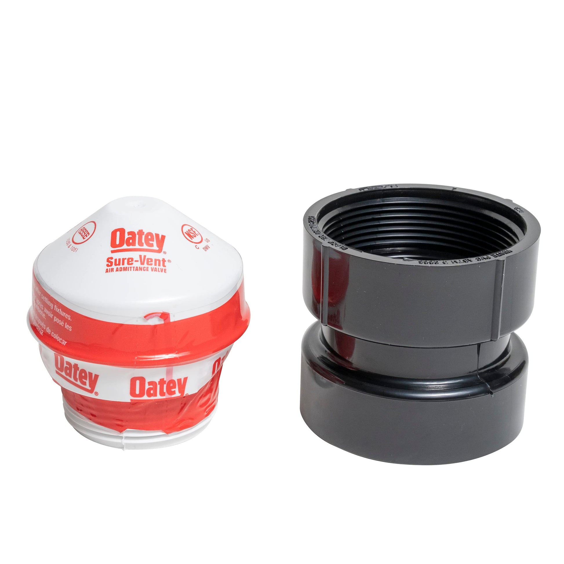 Black ABS adapter with threaded connection and white and red air admittance valve component with Oatey branding.