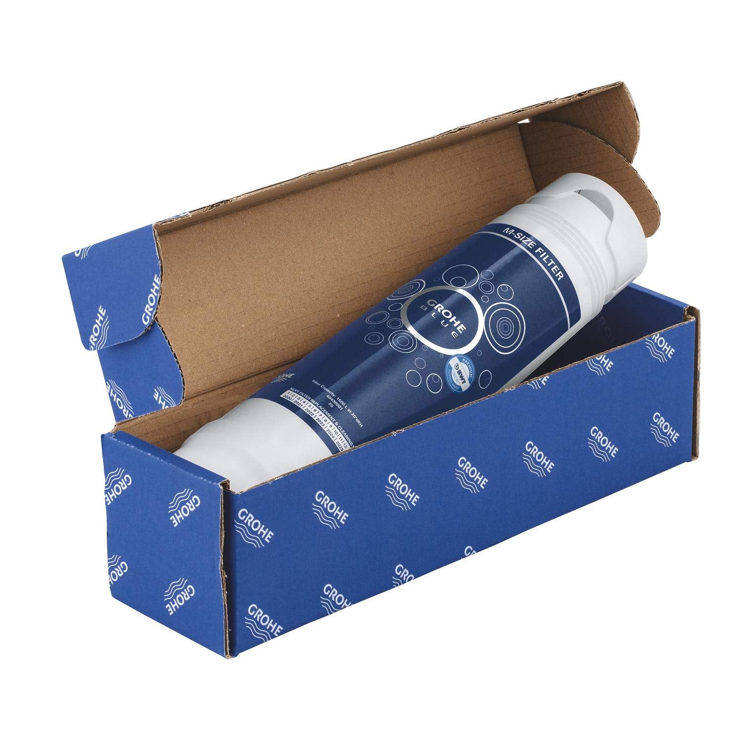 Grohe Blue carbon filter with white end caps in blue and white branded cardboard box with brown interior wrap.