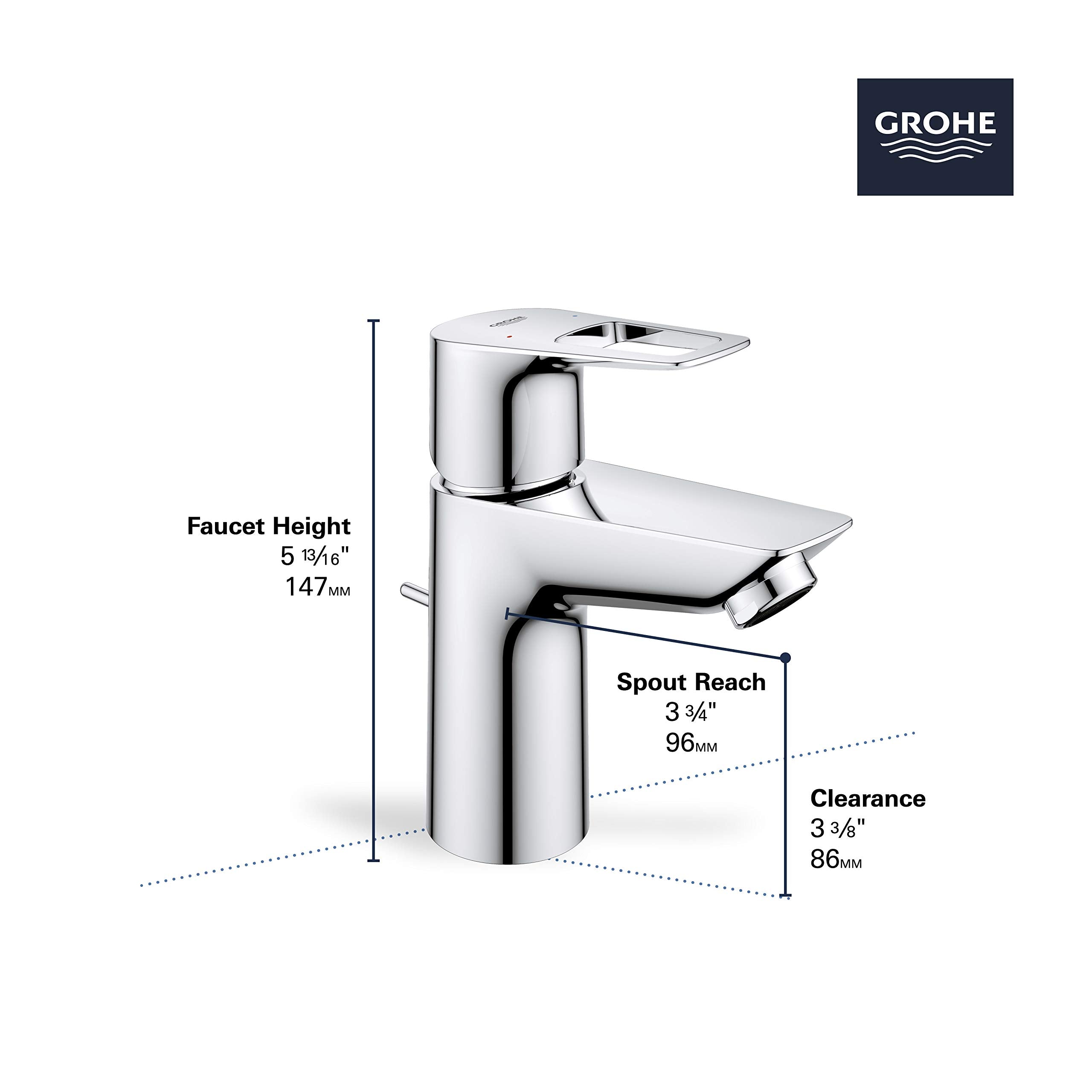 Chrome single-handle bathroom faucet with single spout and lever handle, dimensions labeled.