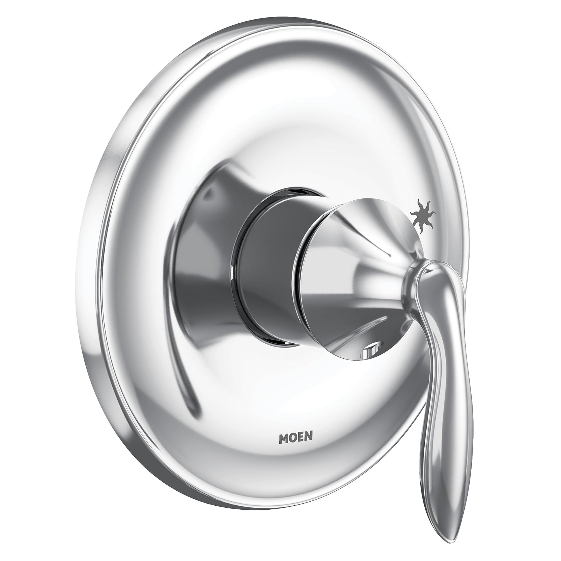 Chrome single-handle shower trim kit with oval escutcheon plate and lever handle.