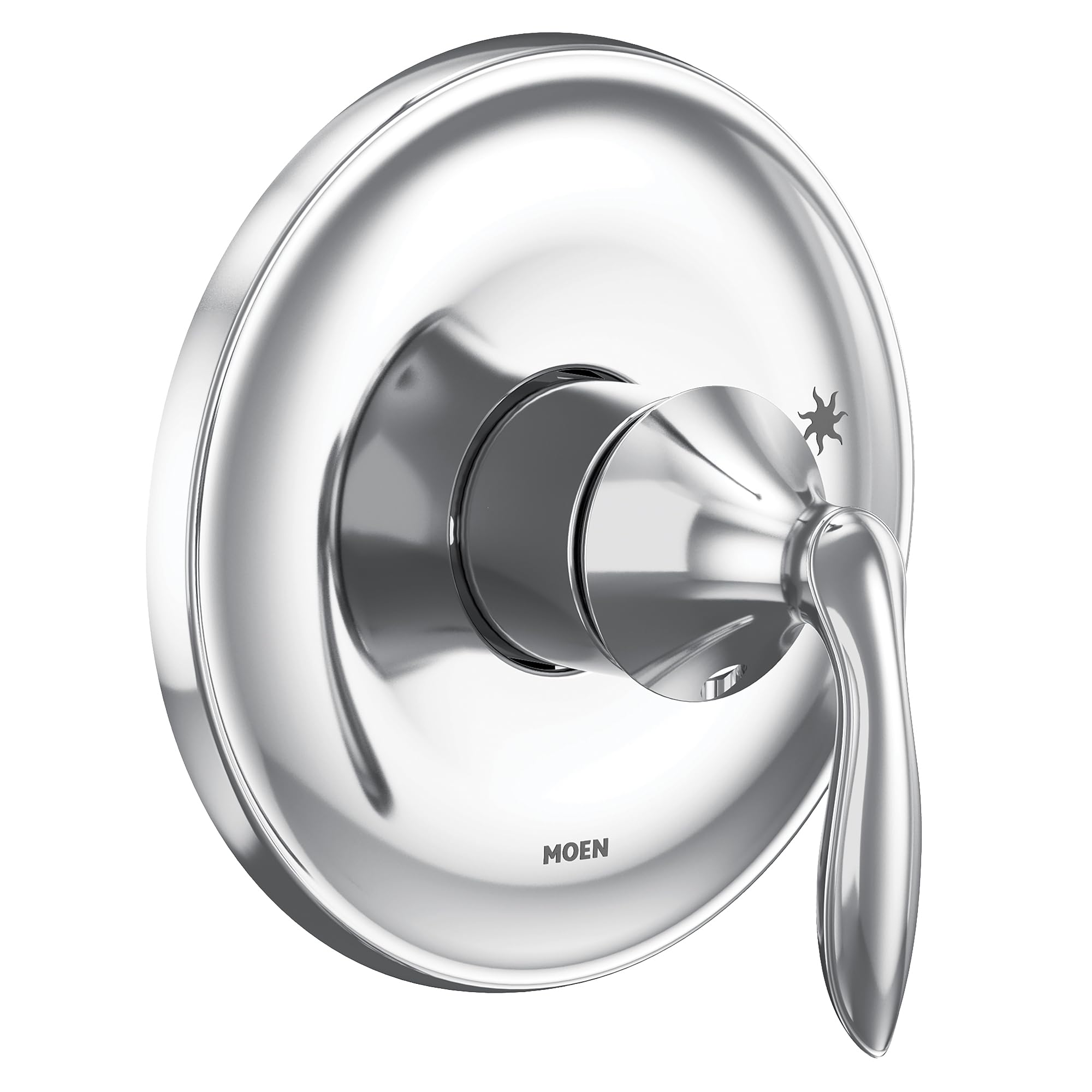 Chrome single-handle shower trim kit with oval escutcheon plate and lever handle.