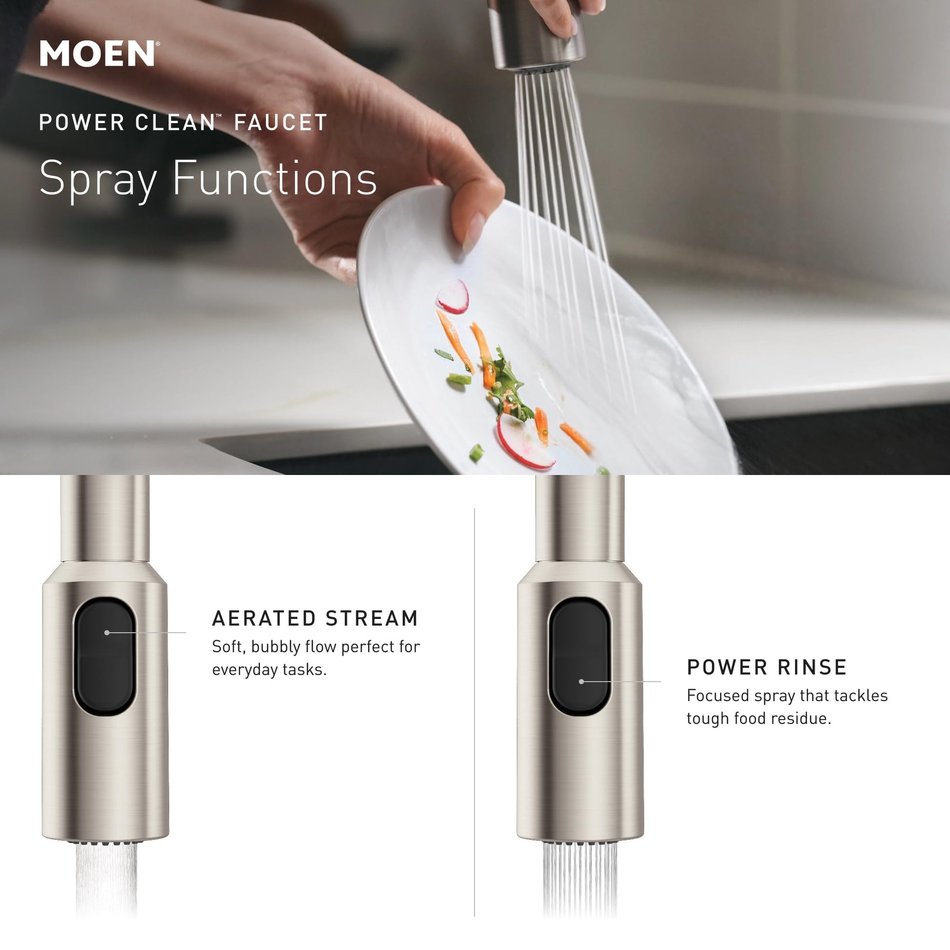 Moen Sinema matte black single-handle touchless kitchen faucet with pulldown sprayer head showing aerated stream and power ri