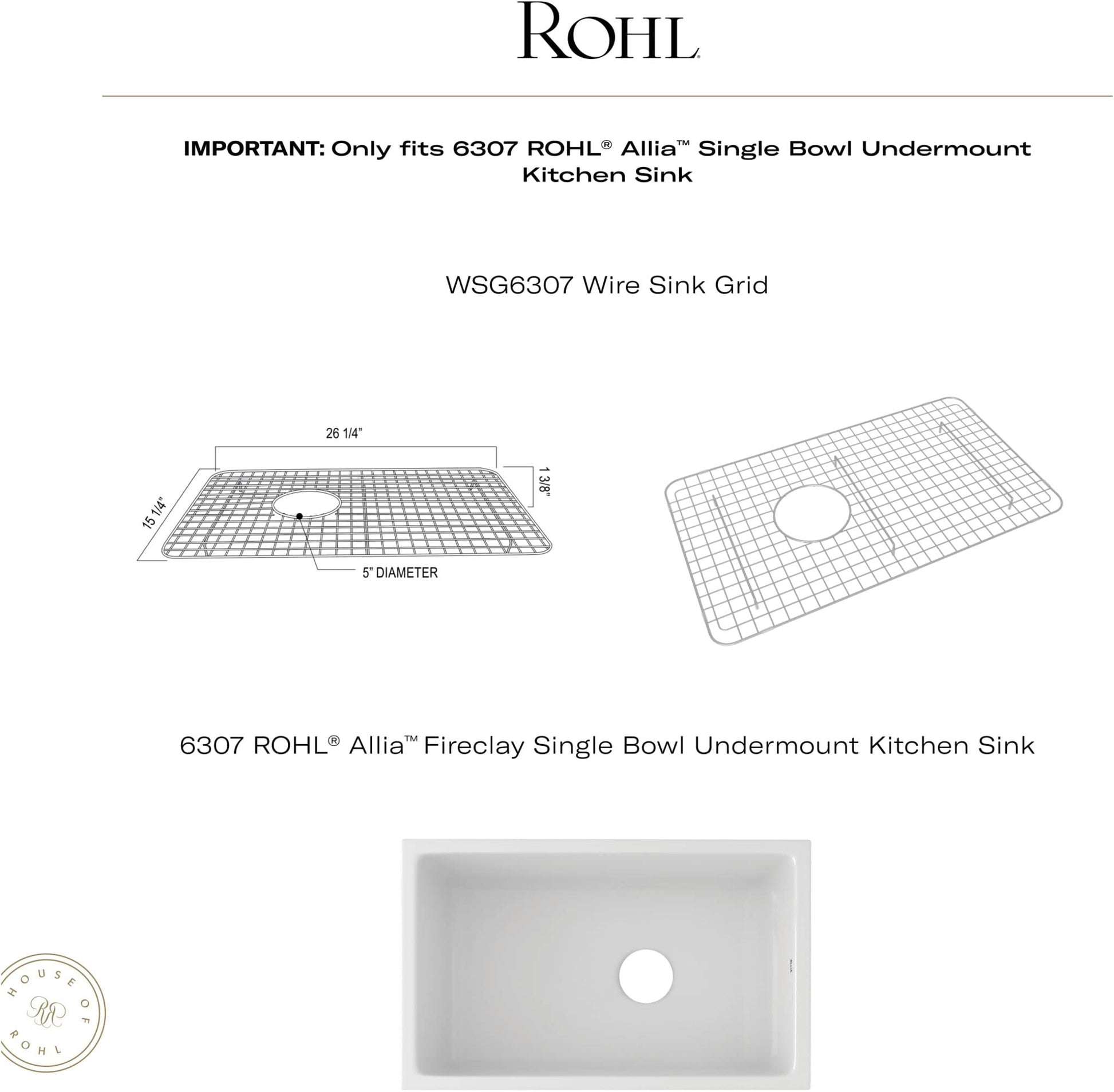 Stainless steel wire sink grid with fine mesh pattern and center drain hole, designed for Rohl Allia 6307 kitchen sink.