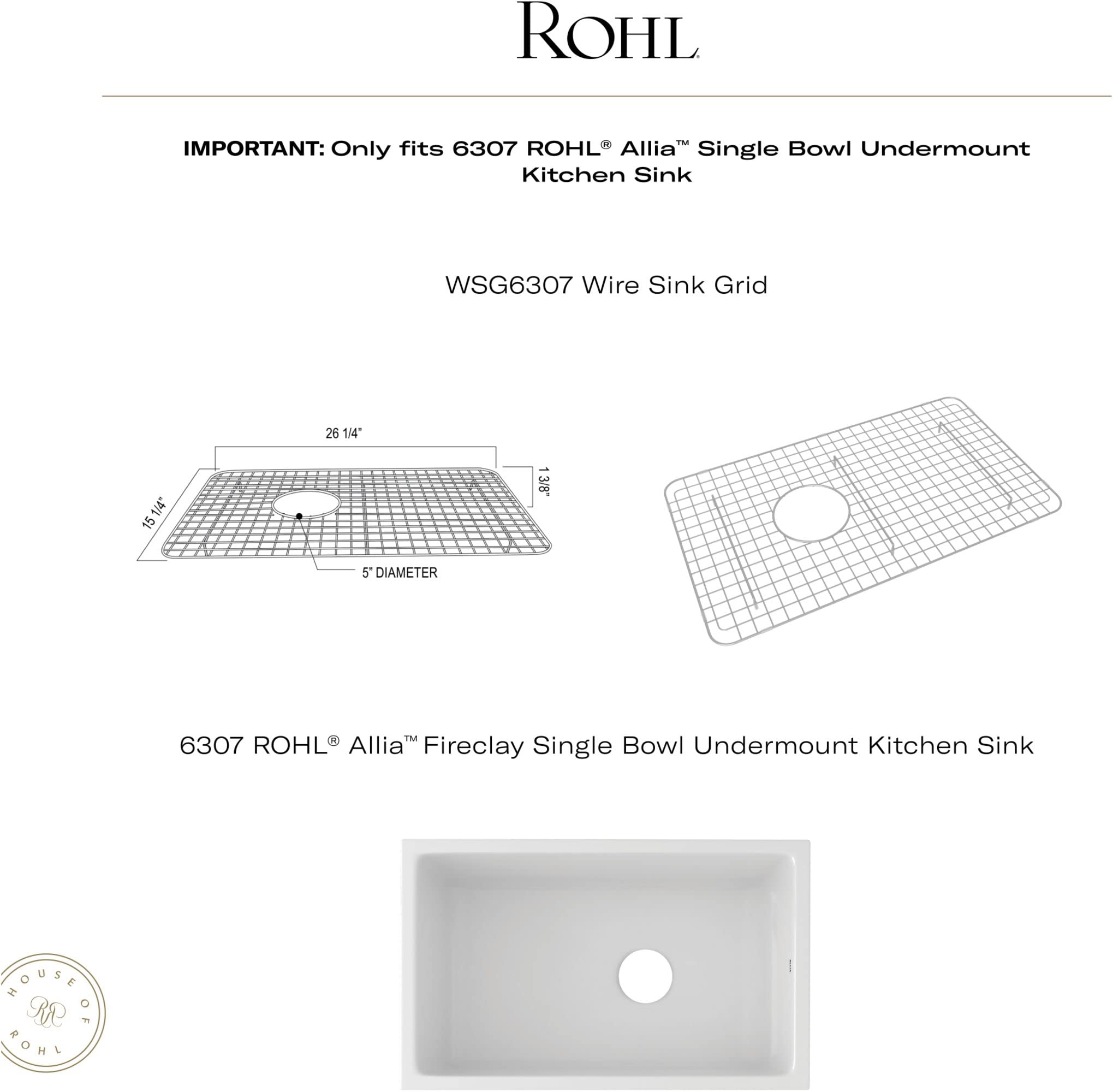 Stainless steel wire sink grid with fine mesh pattern and center drain hole, designed for Rohl Allia 6307 kitchen sink.