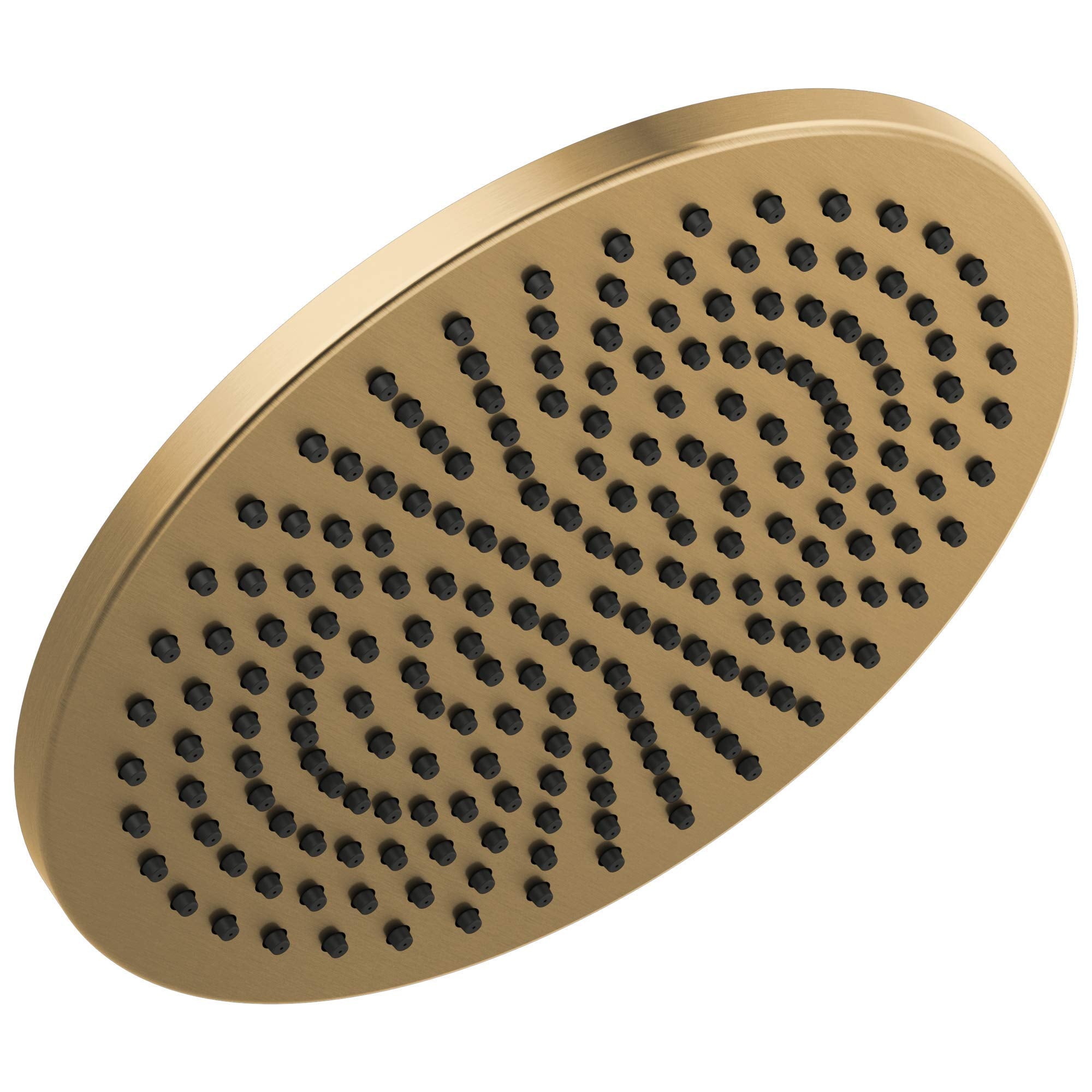 Round metal raincan showerhead with multiple spray holes in a circular pattern, brushed gold finish.