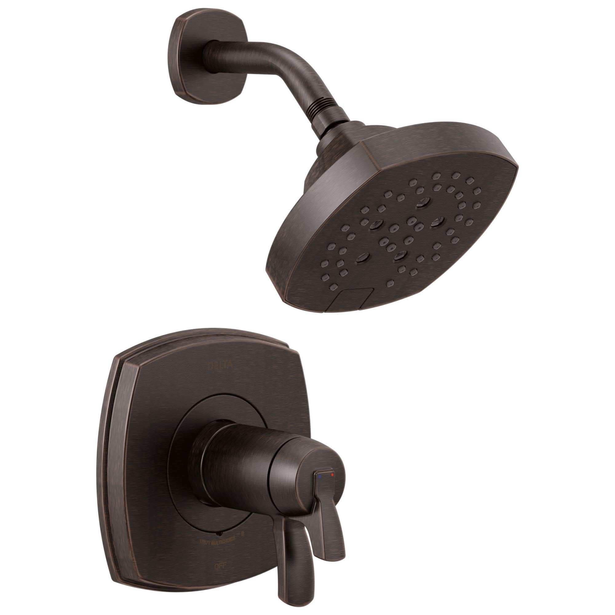 Oil-rubbed bronze thermostatic shower valve with square wall plate and matching rain showerhead with spray holes.